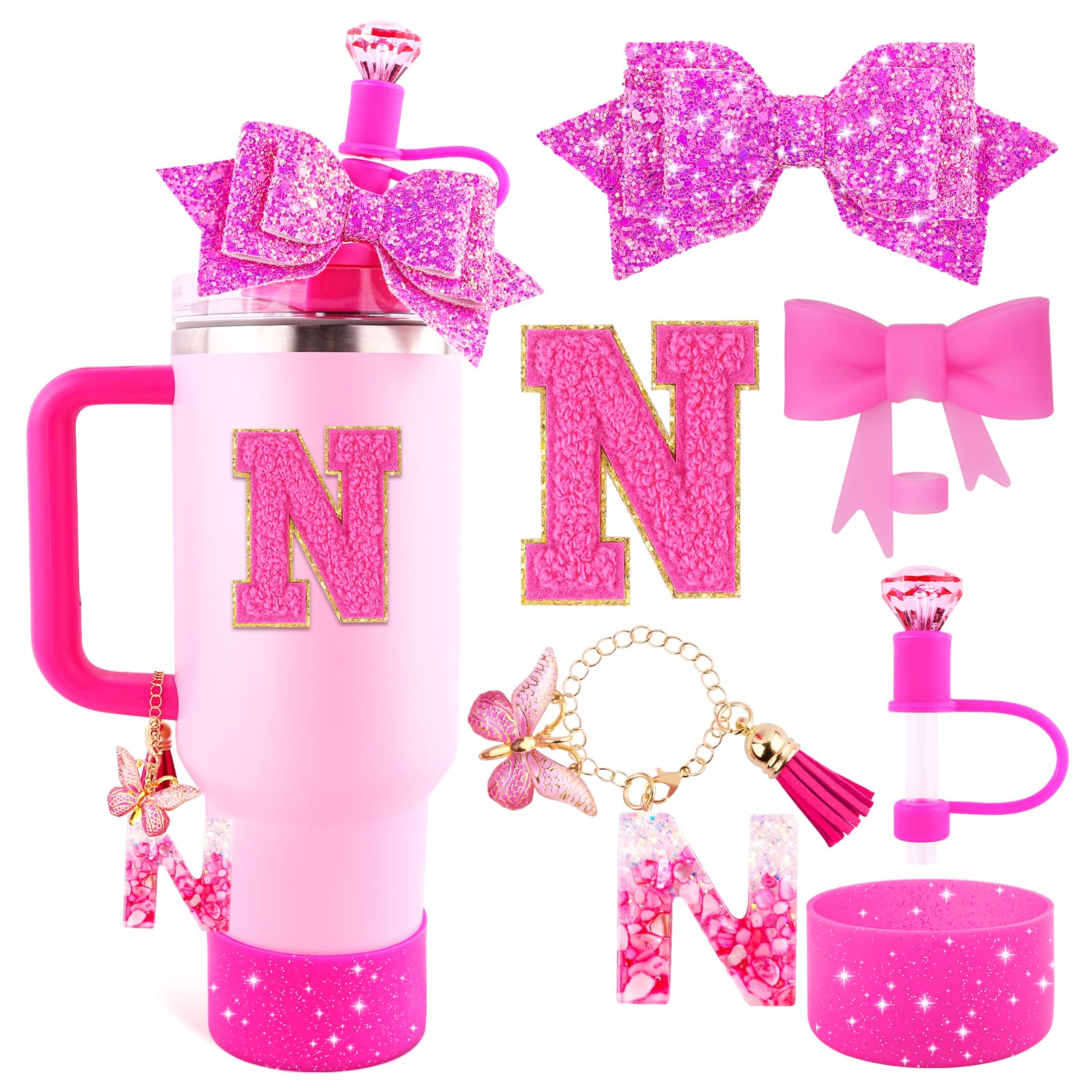 Lingdeer Rose Pink Cup Accessories Set for Stanley 30OZ&40OZ Tumbler with Handle, Letter Charms, Bow & Diamond Straw Covers, Glitter Silicone Boot, Personalized Sticker for Stanley Cup Accessories (N)
