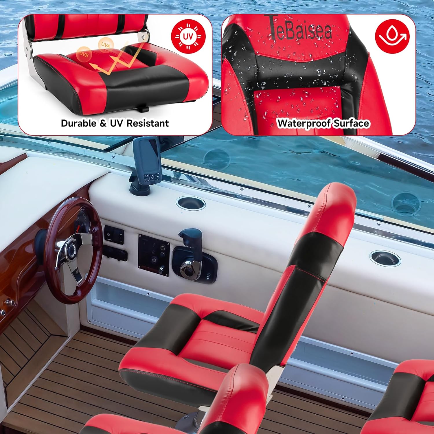 2pcs Boat Seat, Fishing High Back Seat, Folding Boat Seat, Microfiber Leather Seat Wear Resistant Waterproof Sunproof 316 Stainless Steel Hinges (Black + Red)