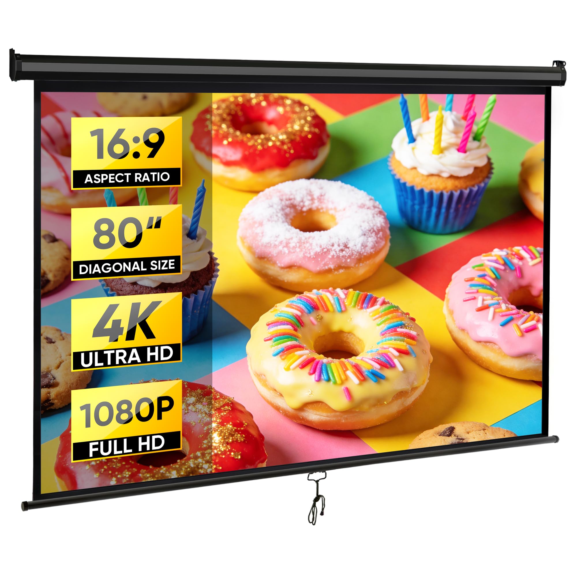 ZENY Outdoor Projector Screen Pull Down 80 Inch 16:9 HD Projection Screen, Roll Down Ceiling Projector Screen, Portable Indoor Outdoor Movie Screen
