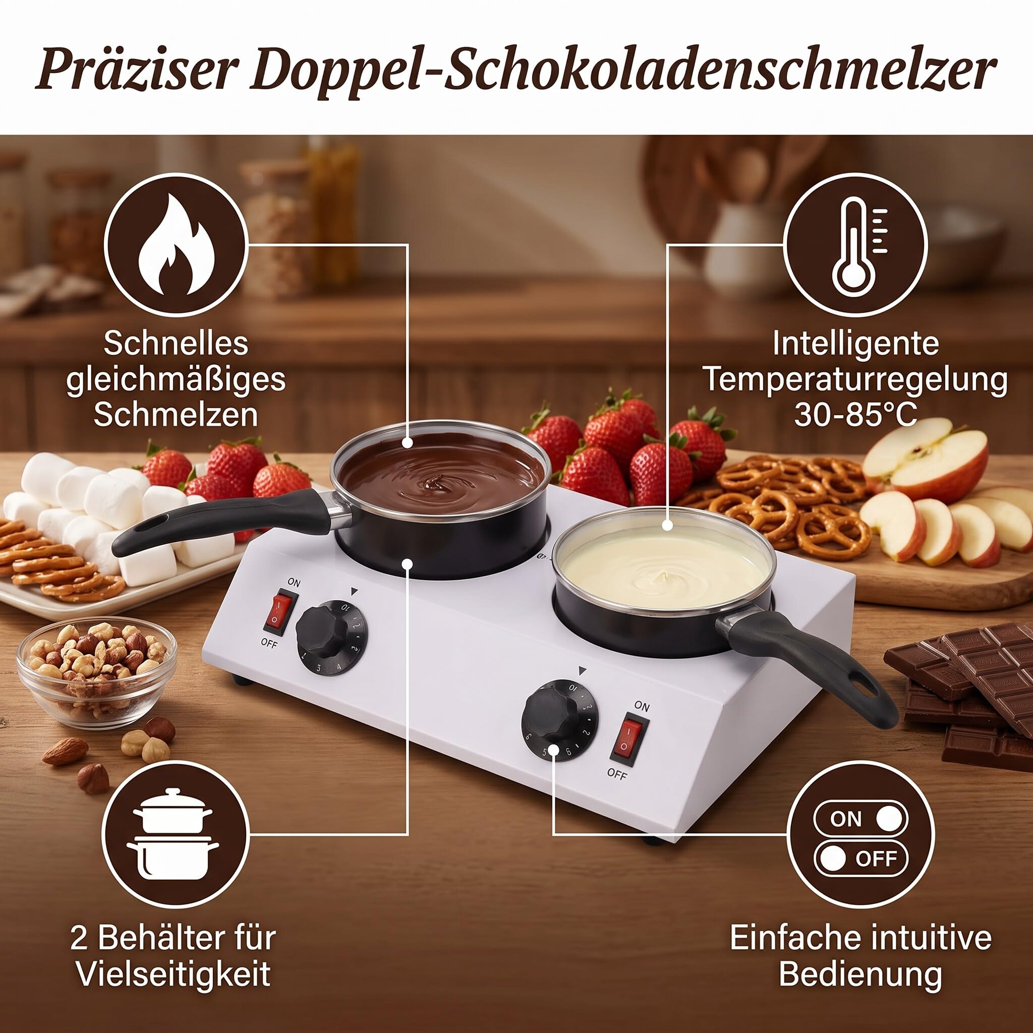 Ejoyous Schokolade Schmelzen Elektrisch, 2 Tanks Schokoladenschmelzer Aluminium Schokoladen Schmelzgerät, für Brunch Partys Weihnachten Restaurants Cafés Heiße und Flüssige Schokolade (EU-Stecker