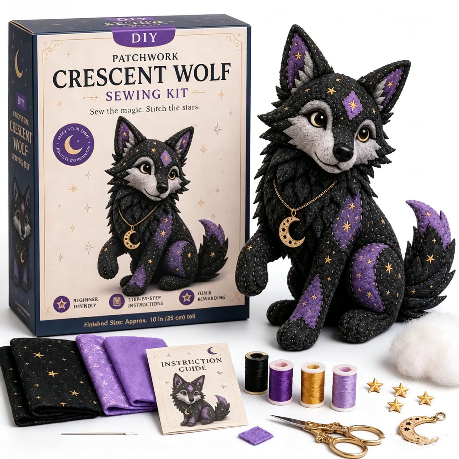 Mystic Patchwork Animal Sewing Kit – DIY Plush Craft Kit with Starry Fabric, Moon Charm, Fantasy Patchwork Animal Sewing Kit with Guide, Halloween Sewing Gift for Teens & Adults (Crescent Wolf)