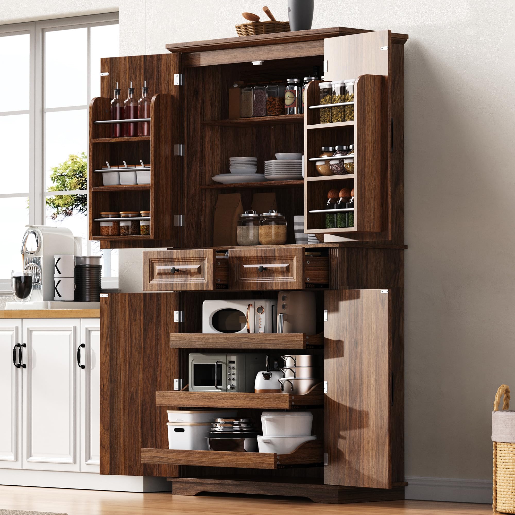 Ball &amp; Cast 71″Tall Farmhouse Kitchen Pantry Cabinet with 3 Pull Out Shelves &amp; 2 Large Drawers,Versatile Pantry Storage Cabinet w/ 6 Door Shelf &amp; Adjustable Shelves for Kitchen,Dining Room,Walnut