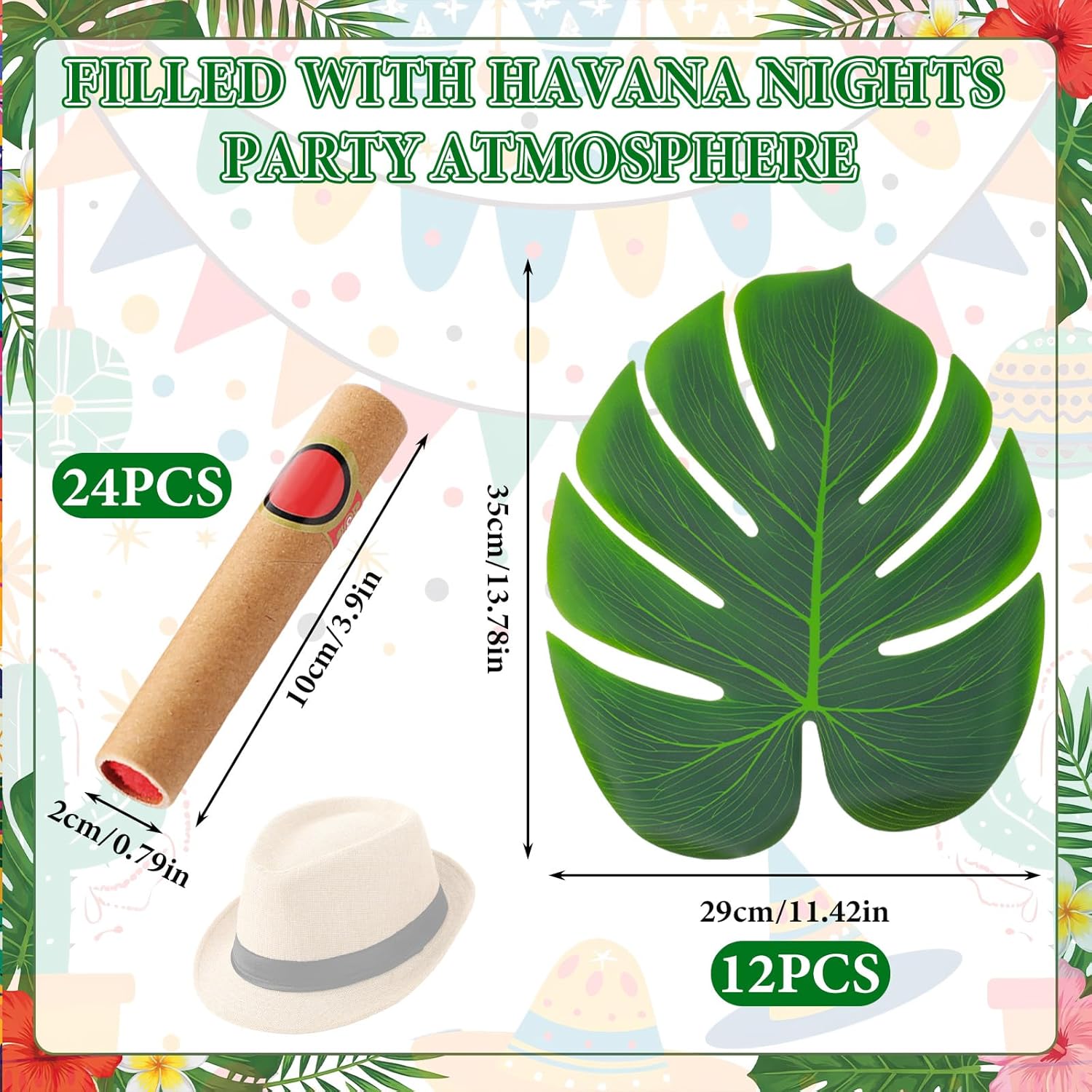 24 Pcs Havana Night & Puerto Rico Theme Party Supplies with 6 Cuban Hats 6 Palm Leaves 12 Centerpieces for Cuban Puerto Rican Fiesta Birthday Wedding Celebration Accessories