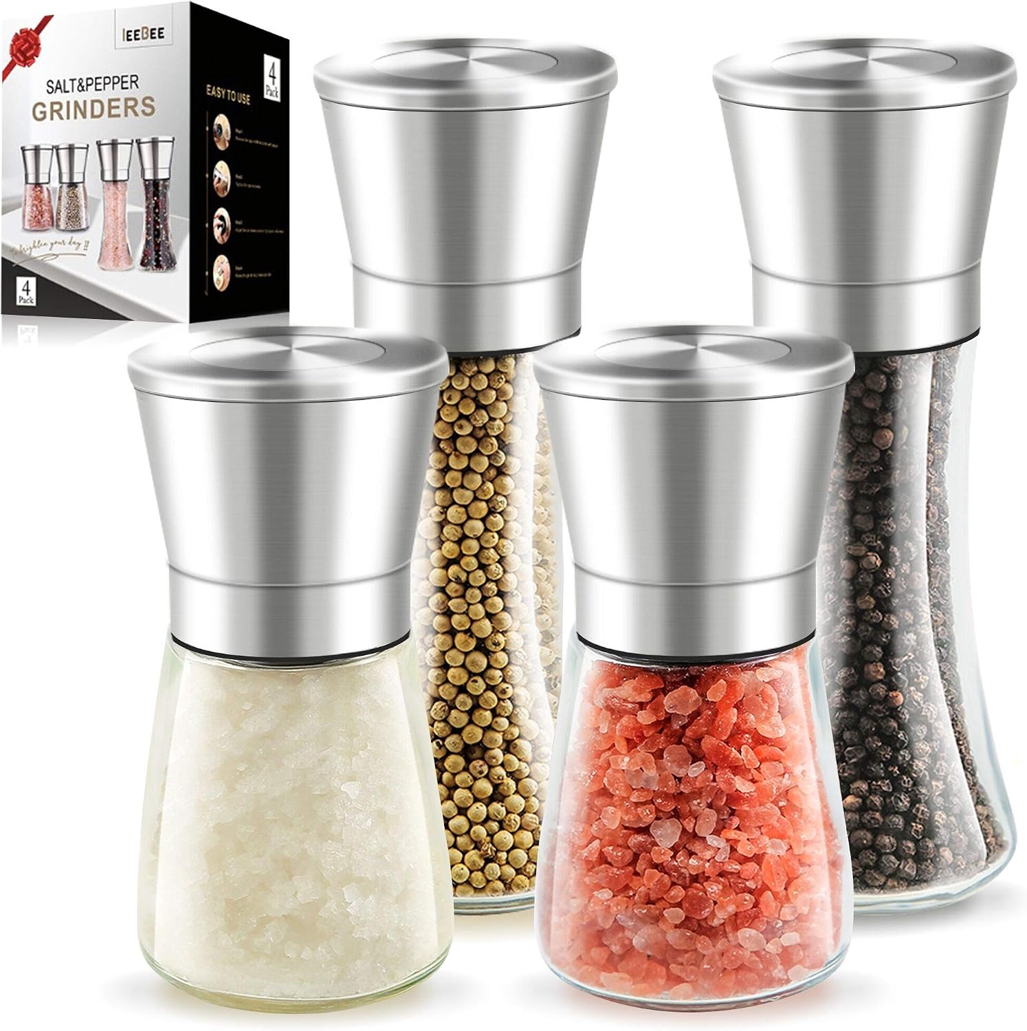 Salt and Pepper Grinder Set - 4 Pack 6OZ Stainless Steel Salt and Pepper Mills