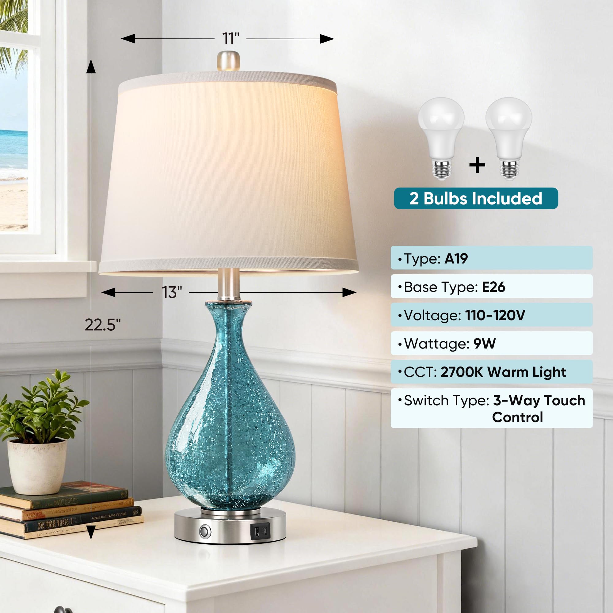 QiMH Lámpara de mesa de cristal para sala de estar, dormitorio, juego de 2, luz LED de control táctil de 22.5 pulgadas, azul de 3 vías, regulables, modernas, con pantalla de tela blanca para
