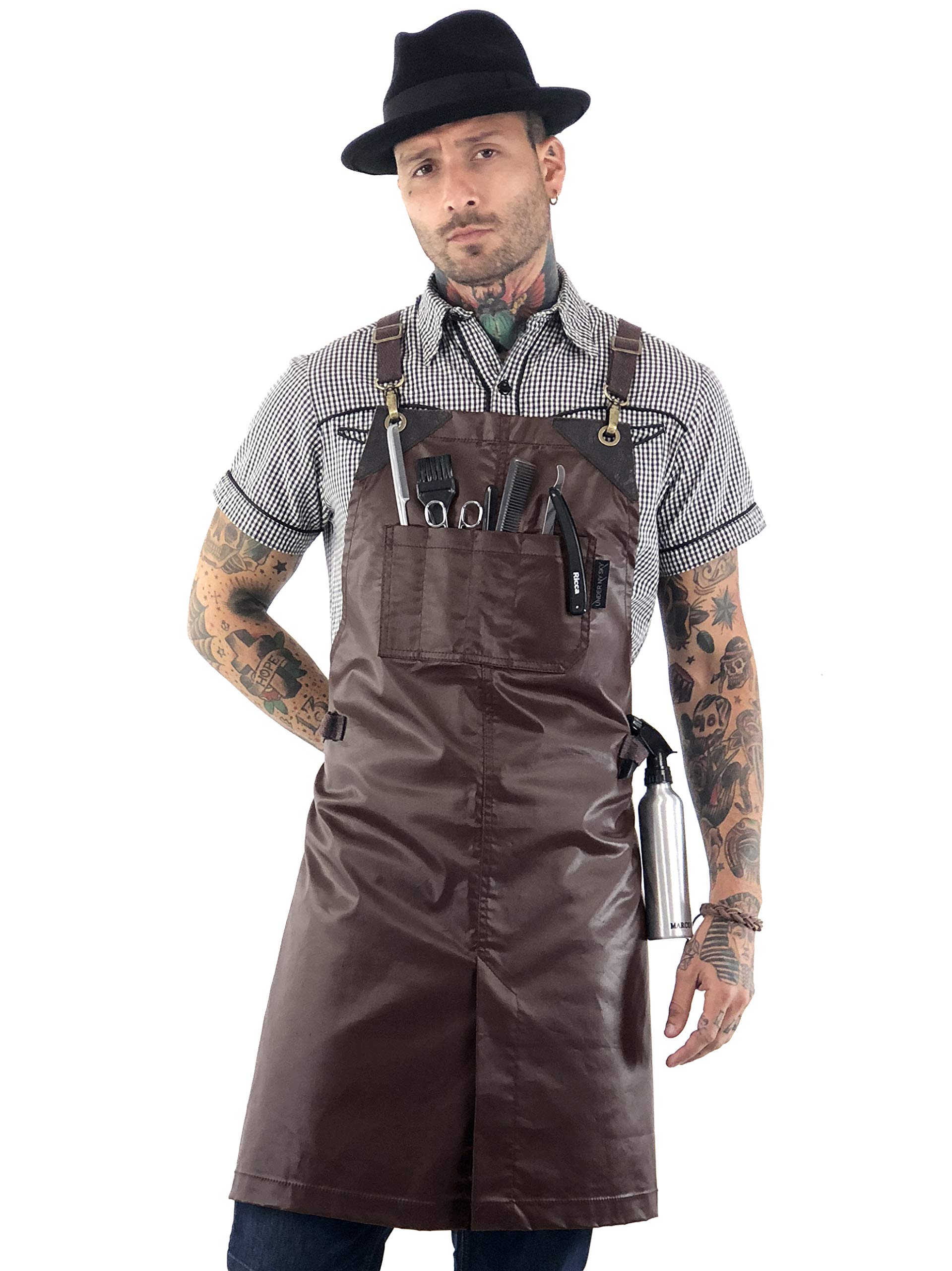 Under NY Sky Cross-Back Barber Apron - Coated Twill - Leather Reinforcements