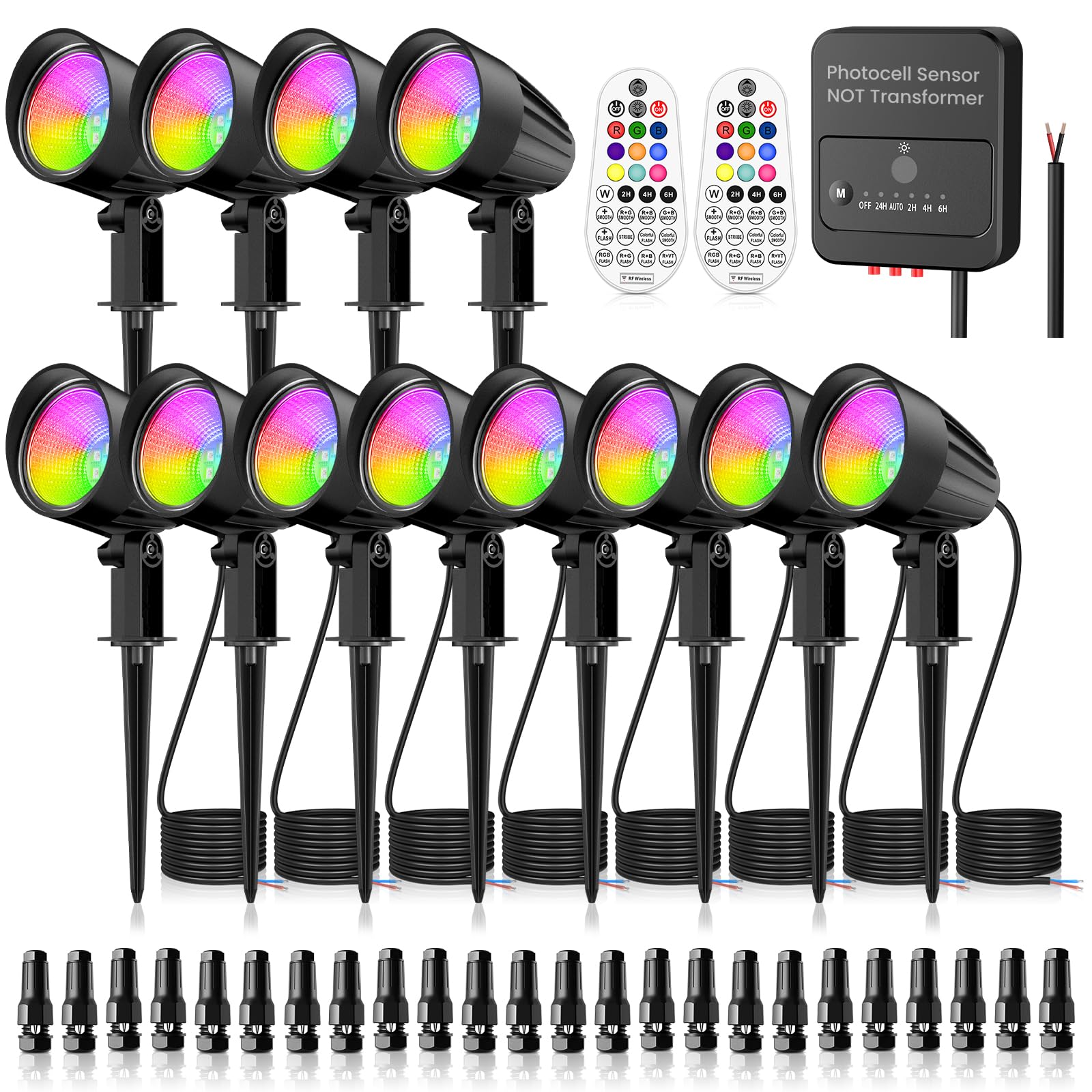 ZZXX 15W RGBW Low Voltage Landscape Lights LED Color Changing Spotlight Remote Control, Landscape Lightings Outdoor IP66 Waterproof AC/DC 12V-24V Photocell Sensor for Chrismas Garden Yard (12 Pack)