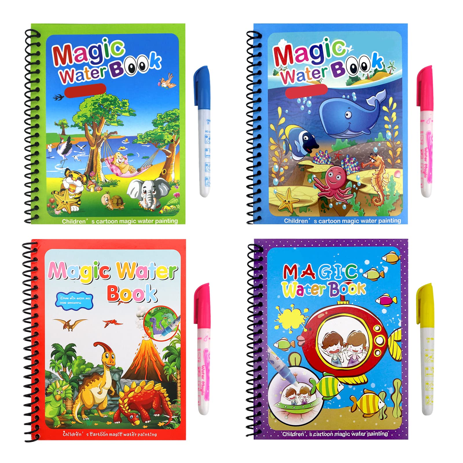 Larfraecy 4 Pack Water Magic Colouring Books Magic Painting Book with Water Pens for Toddlers Kids 3 4 5 6 7 Year Old Boys Girls,Reusable Colouring Book