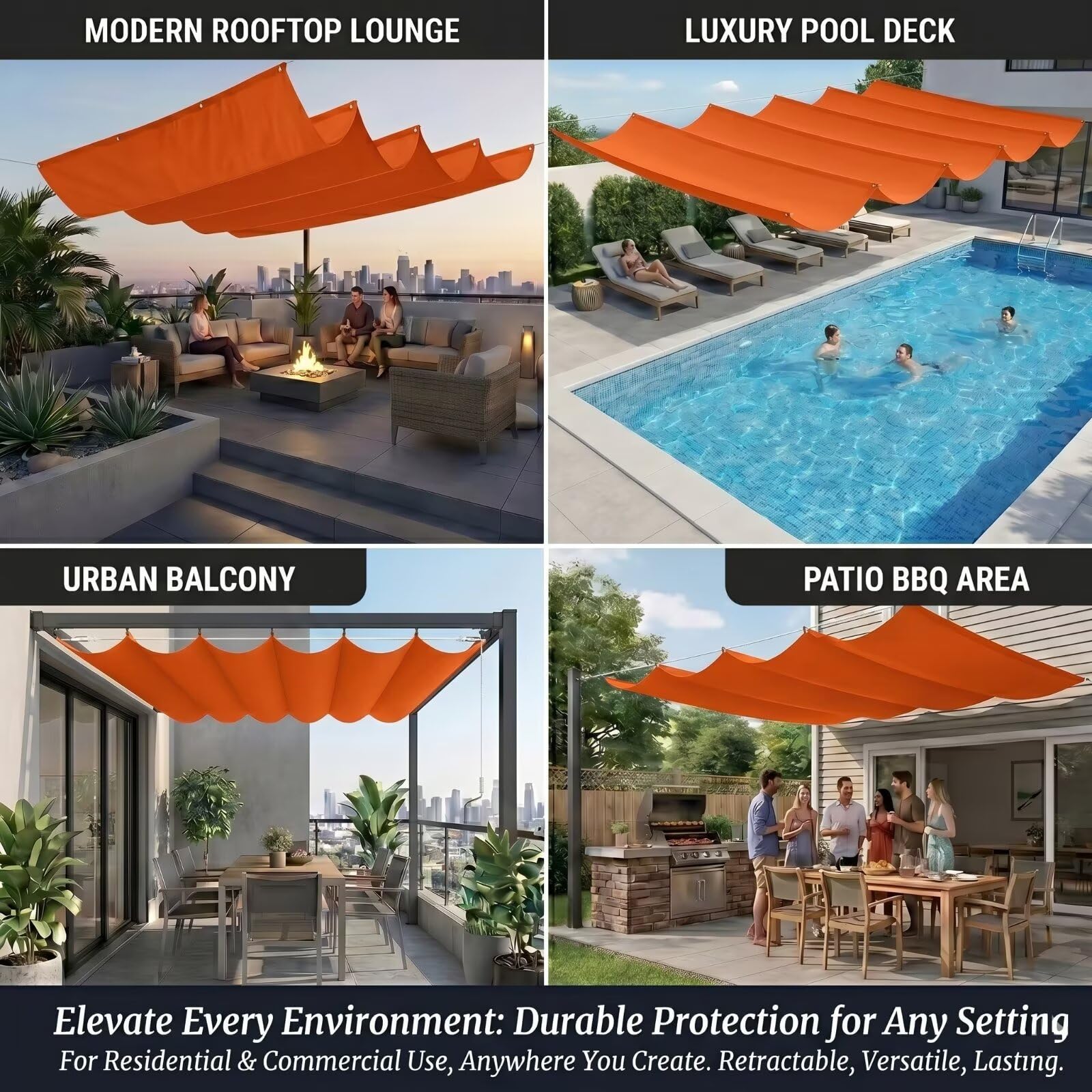 Ombrage Terrasse Extérieur 140x550cm Orange Voile-D'ombrage Rétractable Imperméable,Bâche Ombrages Vague Haute Densité,Idéal pour Pergola,Balcon,Abri de Voiture