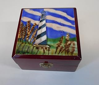 Lighthouse hand painted ceramic art tile jewelry box 4x4 inches