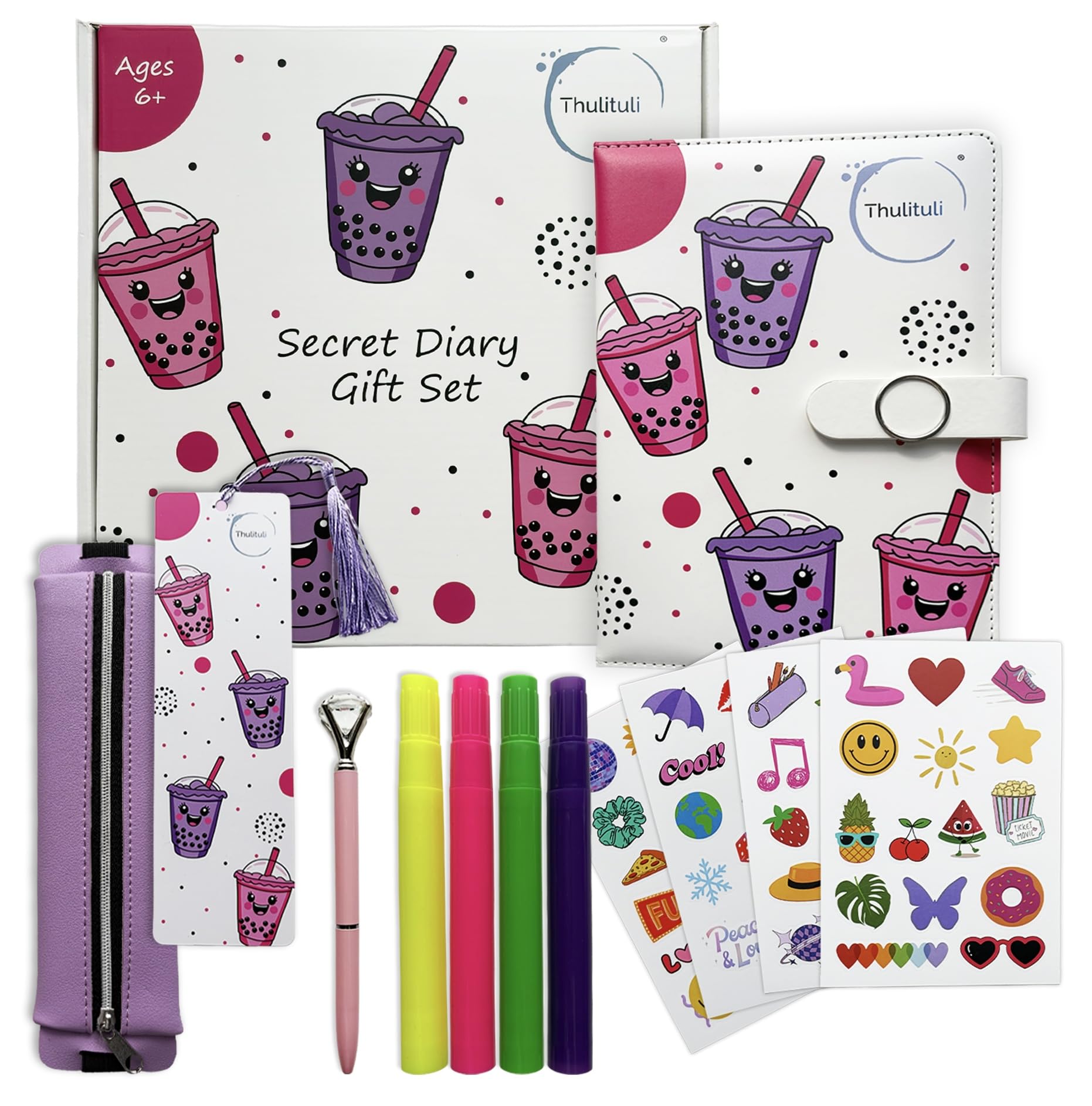 Boba Tea Secret Diary GIFT SET for Girls - Lockable Journal Notebook with Magnetic Closure, Cute Kawaii Stationery Kit for Kids & Tweens Age 6-12, Birthday & Back to School Gifts, Xmas Present