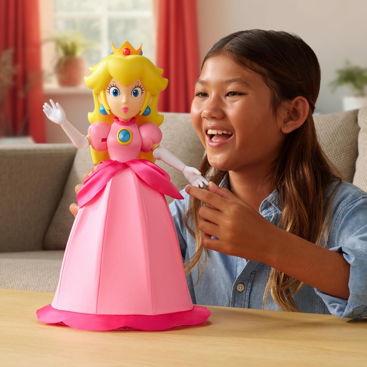 Super Mario Yours Truly, Princess Peach Collectible Action Figure Doll Stands Approximately 12 Inches TalI, with 6 Points of Articulation, 25+ Video Game Quotes, Sounds, and Music!