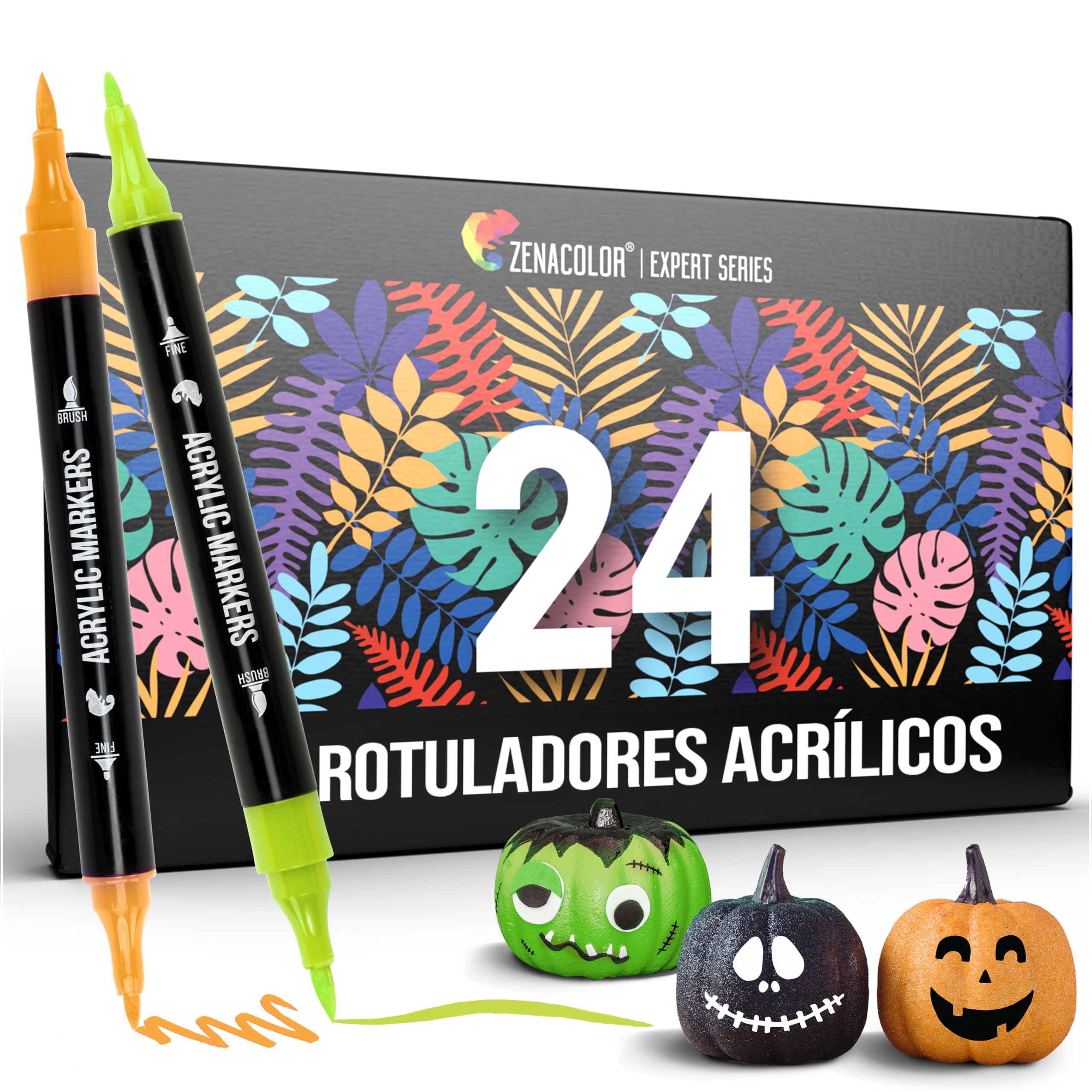 Zenacolor Rotuladores Acrilicos con Doble Punta (Punta Fina y Pincel) - 24 Colores únicos de Rotuladores Permanentes para Distintas Superficies y Obras de Arte - Rotuladores Acrilicos Permanentes