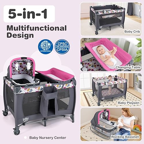 Vista 3 de BABY JOY 5 en 1 Rosa Pack and Play, corralito portátil para bebé con moisés y cambiador, moisés rosa infantil con juguetes y música y bolsa Oxford