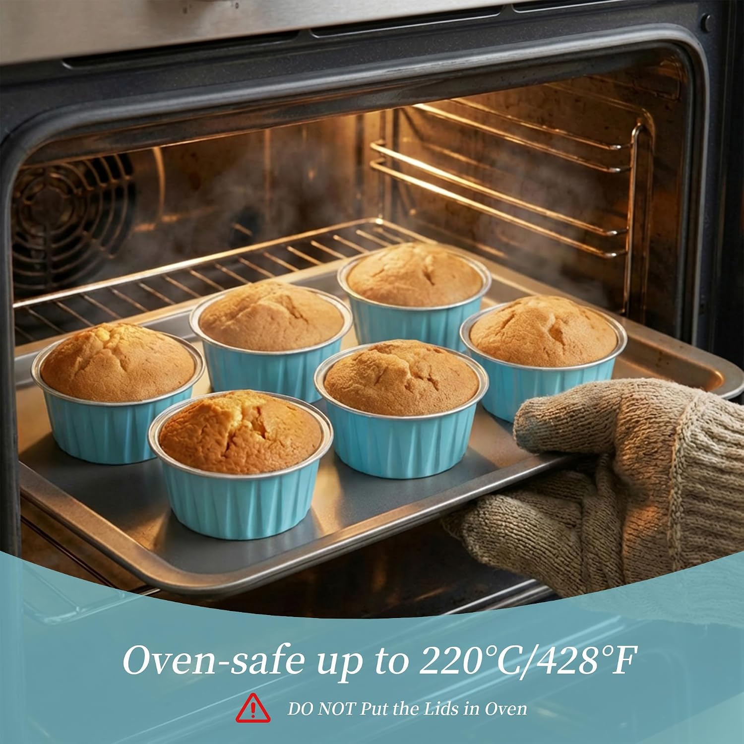 100-Pack 5 oz Mint Blue Mini Cake Pans with Lids, Disposable Aluminum Foil Baking Cups, Muffin Tins, Ramekins for Cupcakes, Brownies, Flan, Pudding - Baby Shower, Bridal Shower & Birthday Party