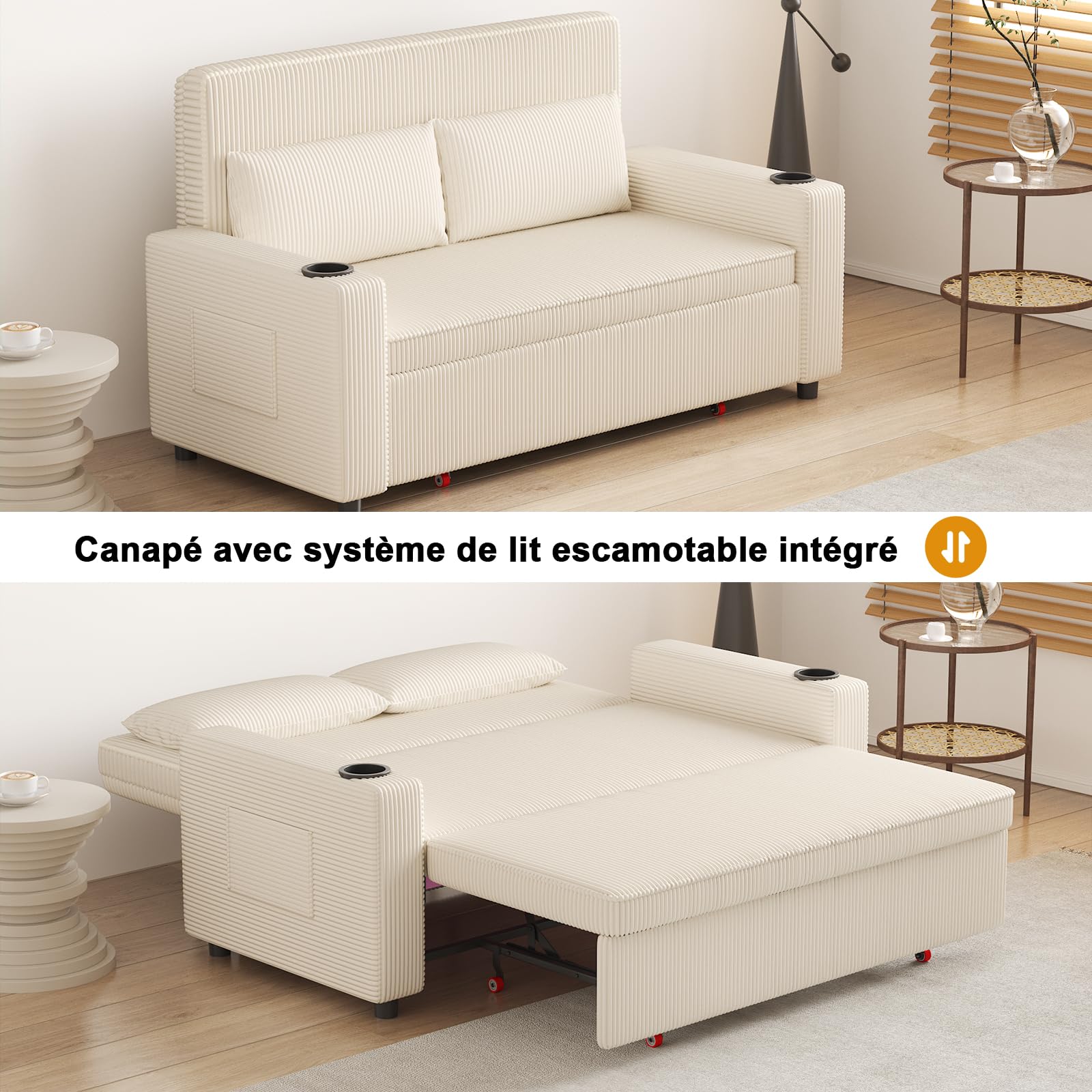 Devoko Petit Canapé Convertible 2 Places Canape avec Dossier réglable Canapé lit en Velours Causeuse de Salon Moderne, canapé déployé 160×190 cm, Beige
