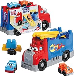 MEGA BLOKS First Builders Toddler Building Blocks Toy Set, Build & Race Rig with 19 Pieces, 2 Race Cars and Storage, Red, Ages 1+ Years