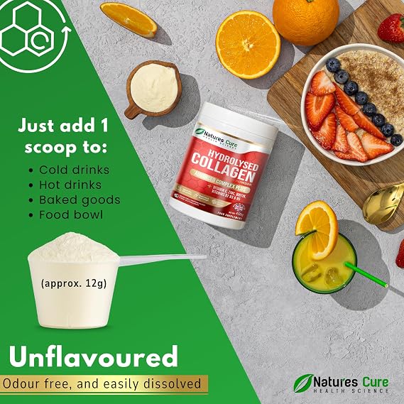Premium Collagen Powder Complex – Bovine Collagen Peptides 450g- Enriched with Essential B Vitamins, Vitamin C, Zinc & Biotin – Pure Hydrolysed Collagen Supplement – by Natures Cure
