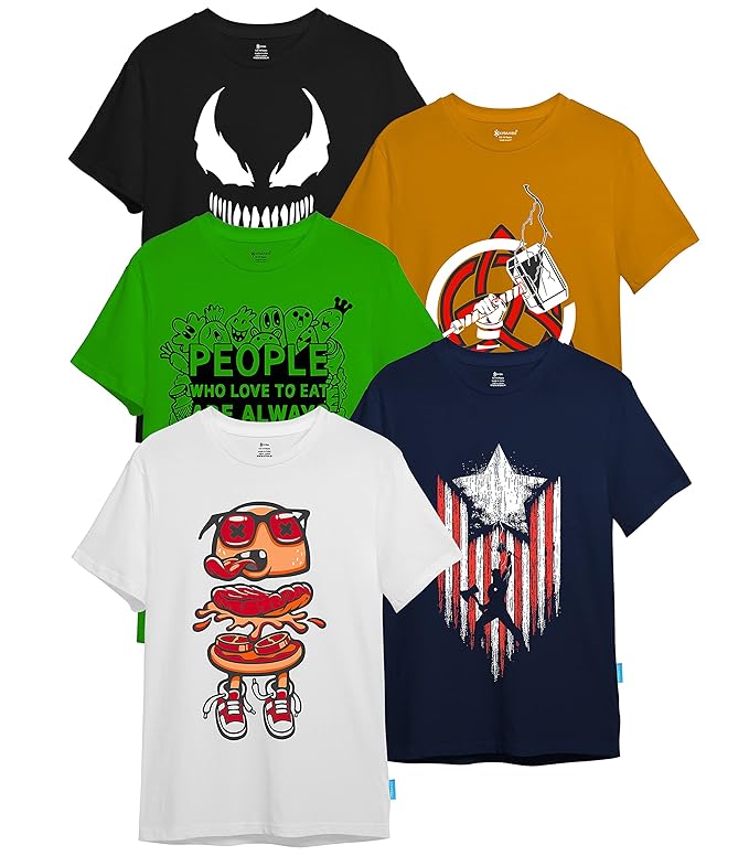 KYDA KIDS® Boys Cotton Printed Round Neck T-Shirts - Multicolor (Pack of 5)