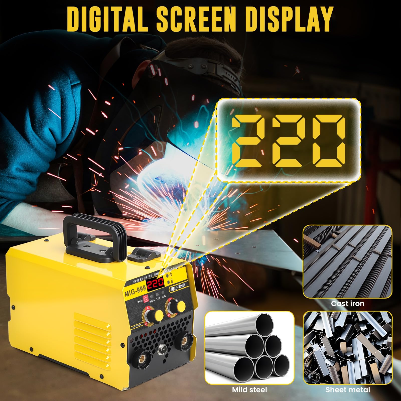 MIG saldatrice senza gas 3 in 1 Kit di saldatura portatile 140A per la casa, saldatrice a doppia tensione 110V/220V con display digitale LED, cavi e accessori