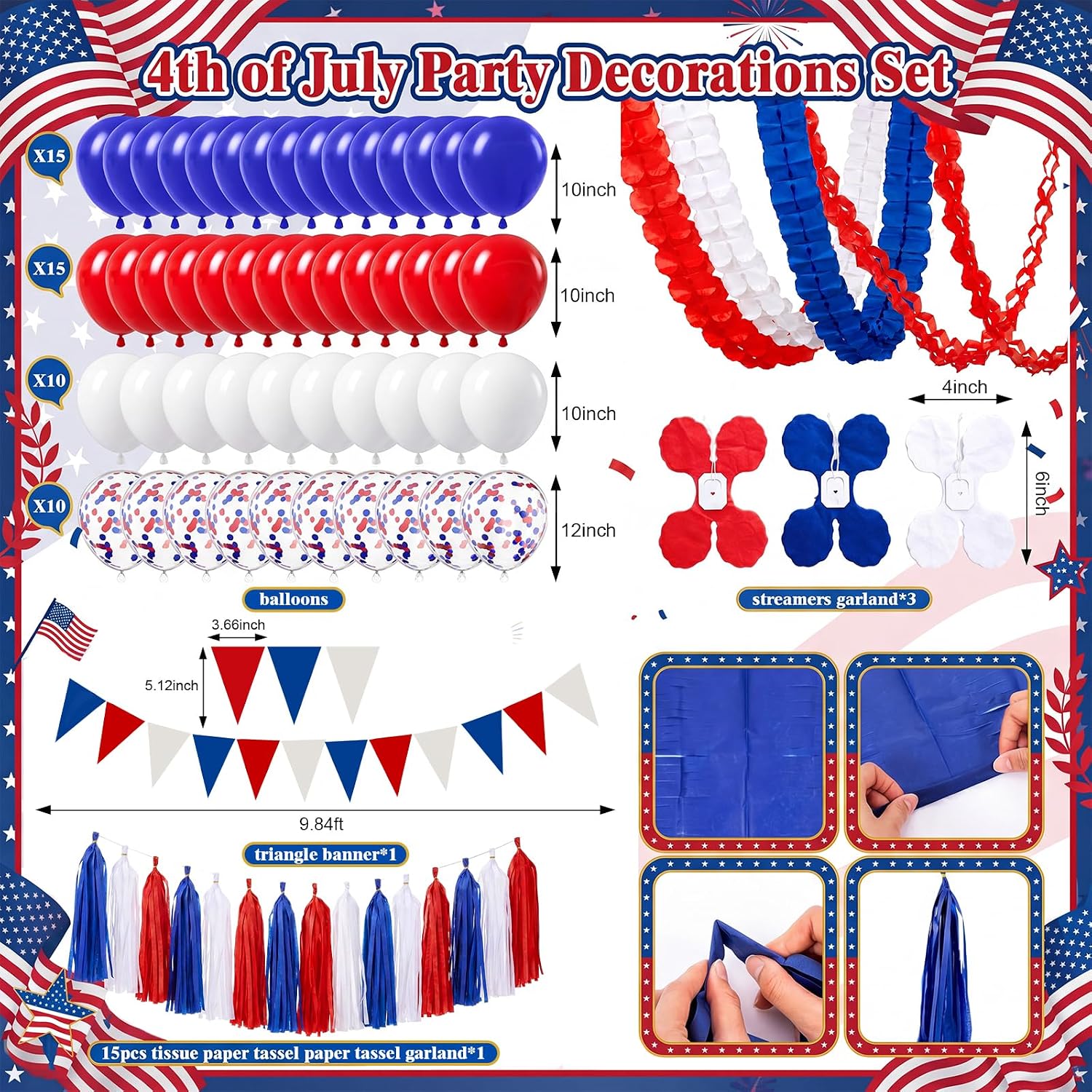TaoBary 4th of July Party Decorations Red White Blue Crepe Paper Streamers Paper Chain Garland Glitter Star Hanging Red White Blue Tassel Garland Triangle Flag Bunting Banner Balloons