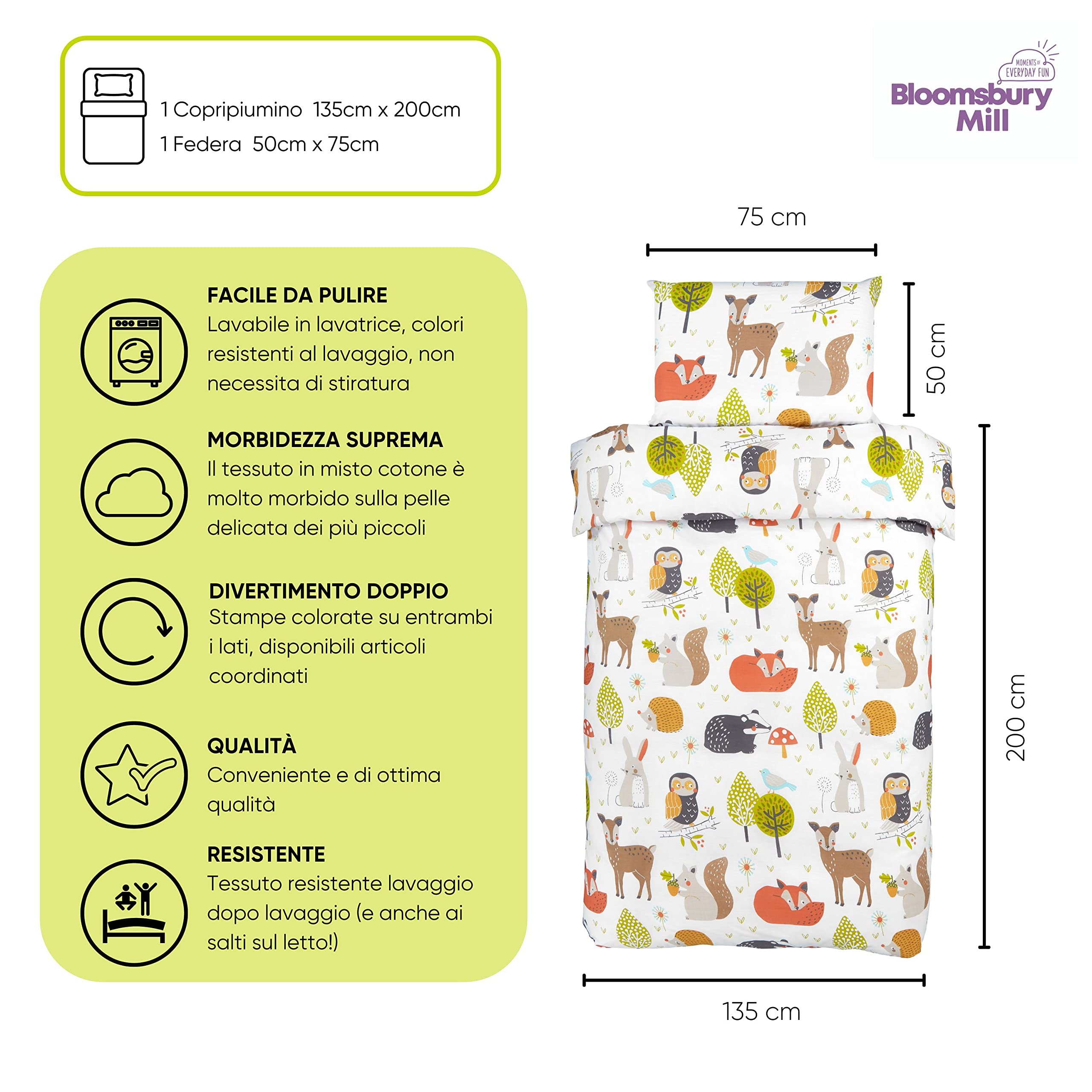 Bloomsbury Mill - Set Copripiumino Singolo Animali del Bosco - Lenzuola Letto Singolo Reversibile Per Ragazzi e Ragazee - Set di biancheria da letto per bambini - 135 x 200 cm e Federe