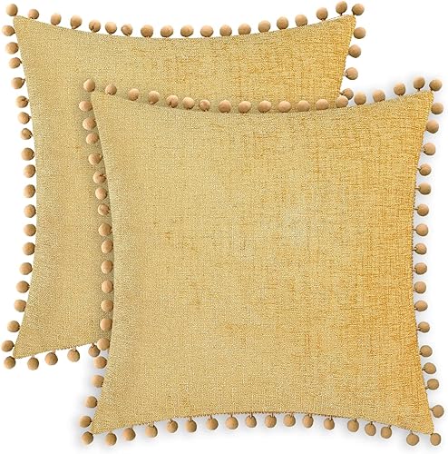 CaliTime Juego de 2 fundas de cojín de felpilla suave teñidas con pompones para sofá, decoración del hogar, 16 x 16 pulgadas, color dorado