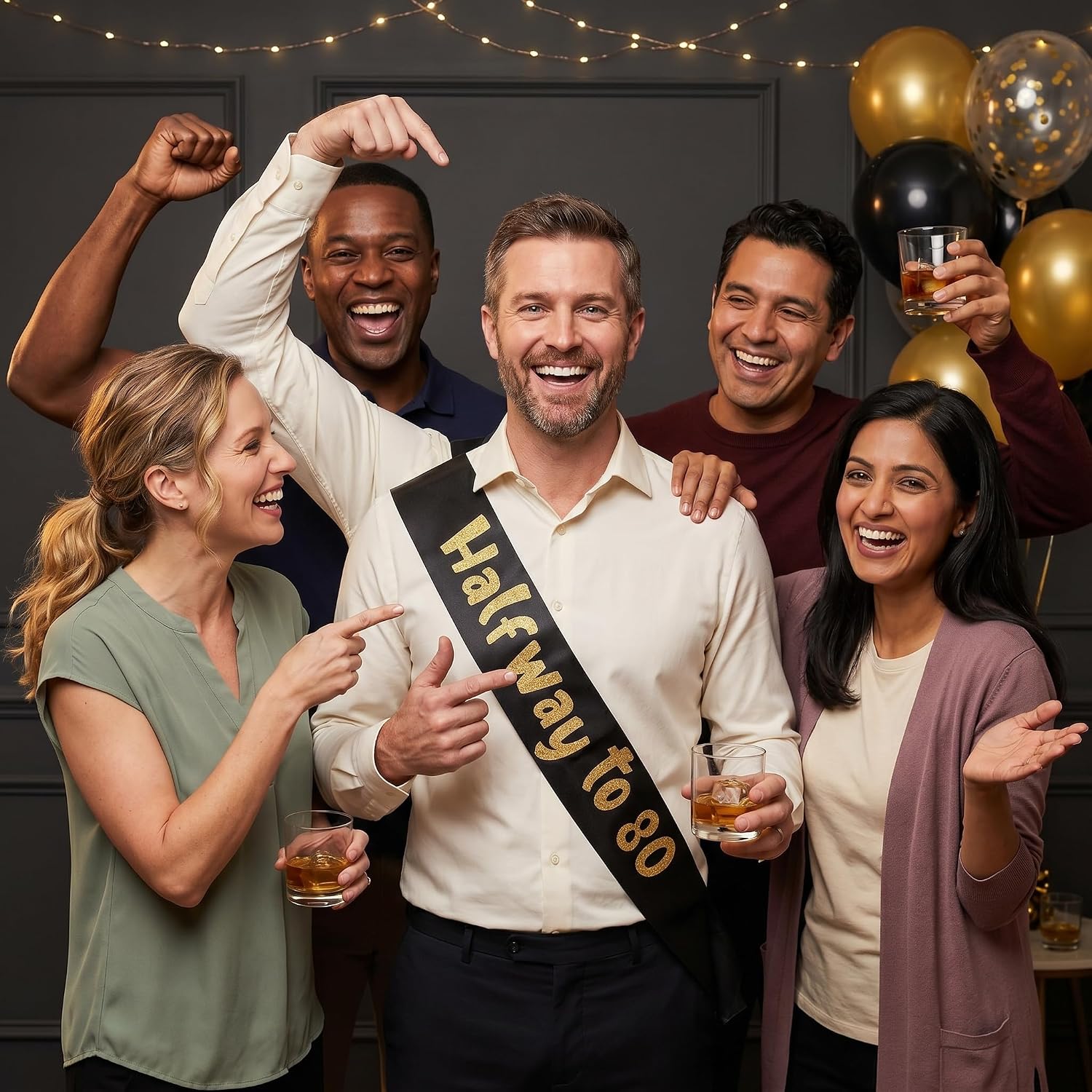 Sterling James Co. Halfway to 80 Black and Gold Glitter Satin Sash - 40th Birthday Sash for Him or Her - Party Decorations, Supplies and Gifts