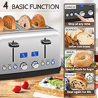 Vista 3 de SEEDEEM Tostadora de 4 rebanadas, pantalla LCD, 6 configuraciones de tostado, ranuras de 1.5 pulgadas de ancho, tostadora digital de acero