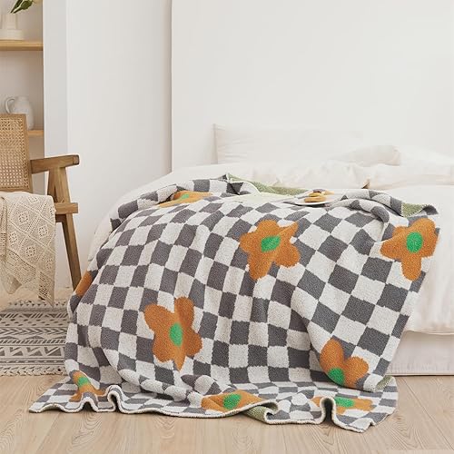 Miniatura 3 de YIRUIO Manta de felpa suave a cuadros de microfibra tejida con flores deliciosas para sofá, silla, cama, viajes, decoración del hogar (naranja