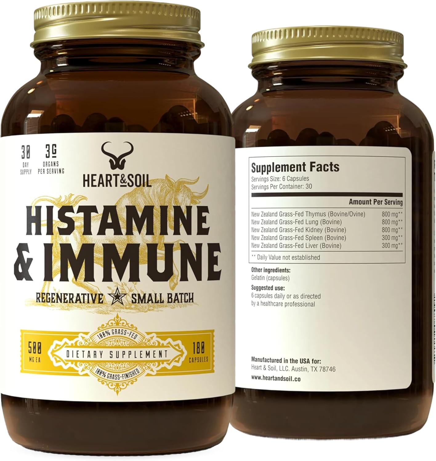 HEART & SOIL – 100% Grass Fed & Finished Histamine & Immune Support Supplement from Regenerative Cattle with Thymus, Lung, Spleen, Liver, & Kidney – Immune Defense – Glass Bottle – 180 Capsules