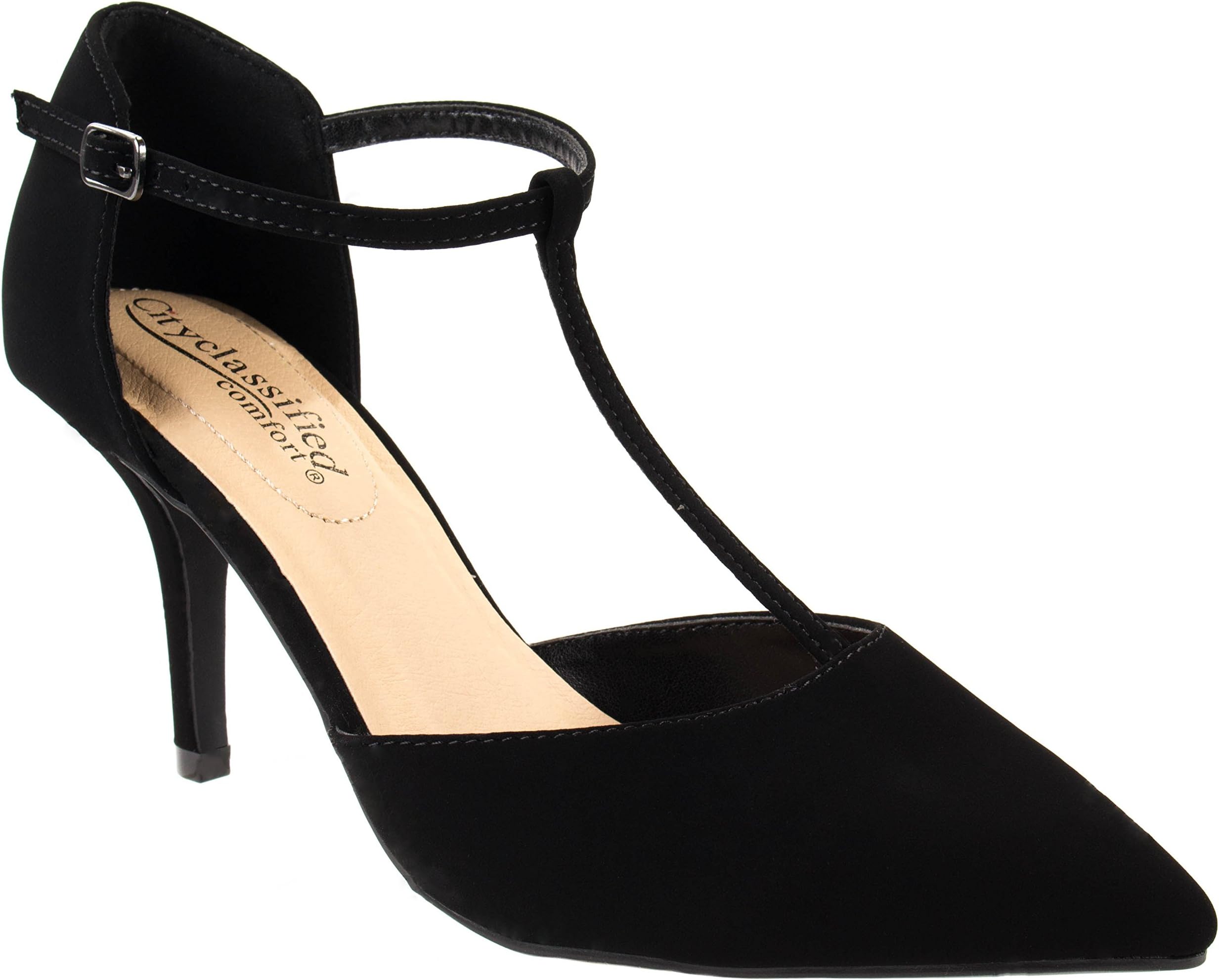 Cityclassified Comfort Shoes Women's Bahia-H Black Nub Mid-Heel T-Strap Pu/Nub Pointed Pumps with Extra Cushion Support 5.5 D(M) US