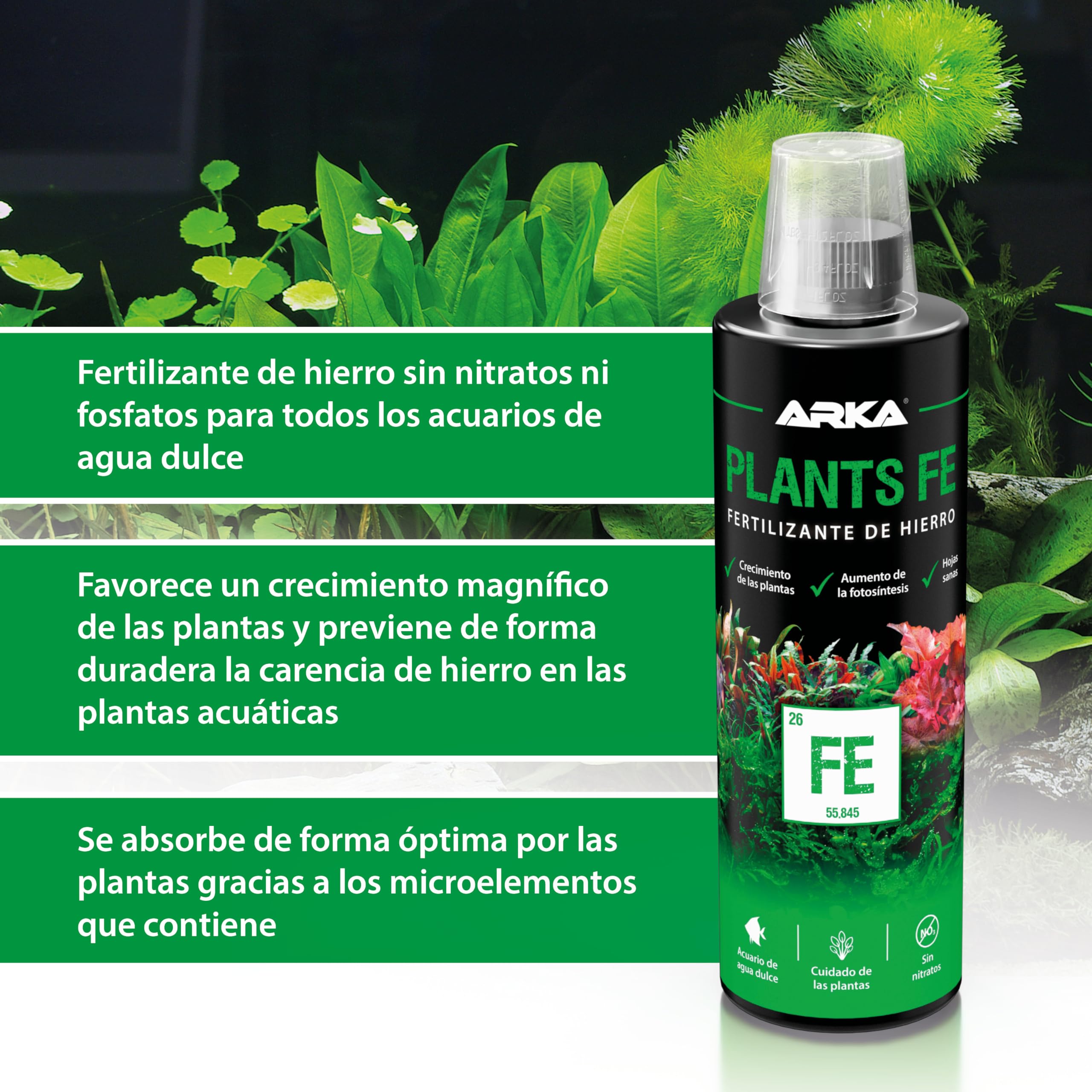 Abono de Hierro Acuario 473 ml – ARKA Plants FE – Fertilizante semanal contra Hojas Amarillas – para Plantas Verdes y sanas – sin nitratos ni fosfatos – Ideal Acuario plantado de Agua Dulce