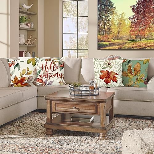 Miniatura 2 de Bonhause Juego de 4 fundas de almohada decorativas de hojas de arce de 18 x 18 pulgadas, fundas de almohada decorativas de hojas de otoño, almohadas
