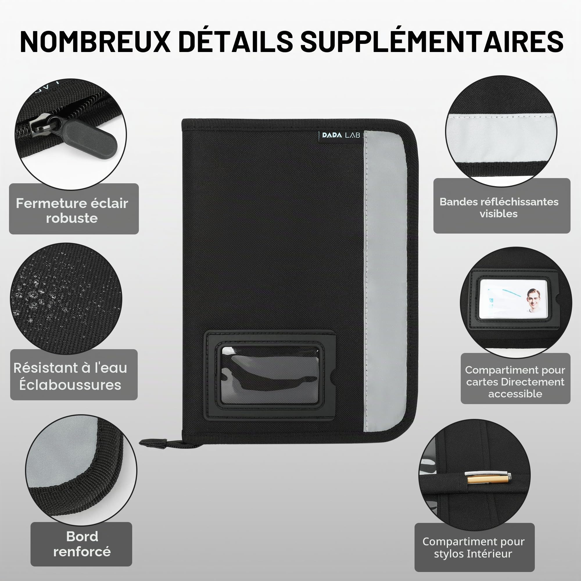 Porte-documents A5 pour boîte à gants de voiture - Organiseur auto - 4 compartiments - Bandes réfléchissantes - Compartiment séparé pour cartes - Porte-documents Noir