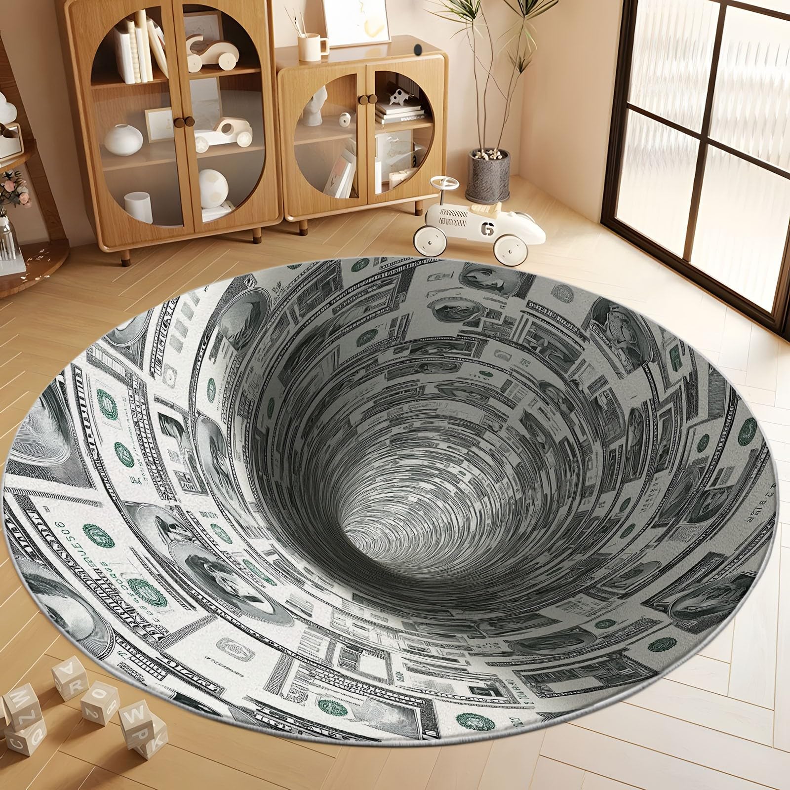 Generisch Rund Teppich Wohnzimmer Dollar-Banknote, 3D-Tunnel 200 cm Rund Teppich- Küche Jugendzimmer Esszimmer Flur und Schlafzimmer Rund Teppich Kurzflor Rund Teppich Extra Weich Pflegeleicht