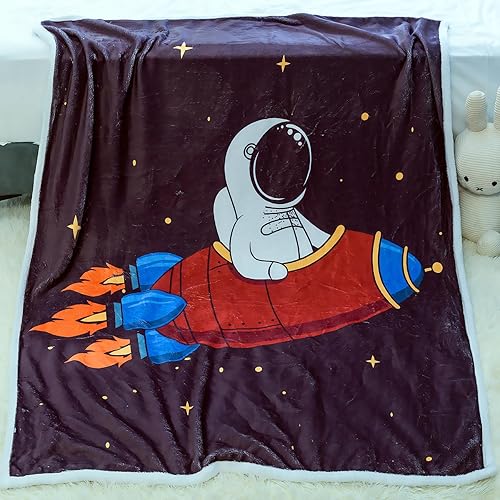 Manta de astronauta con cohete, regalos para niños y niños, manta de nave espacial (negro, 50 x 60 pulgadas)