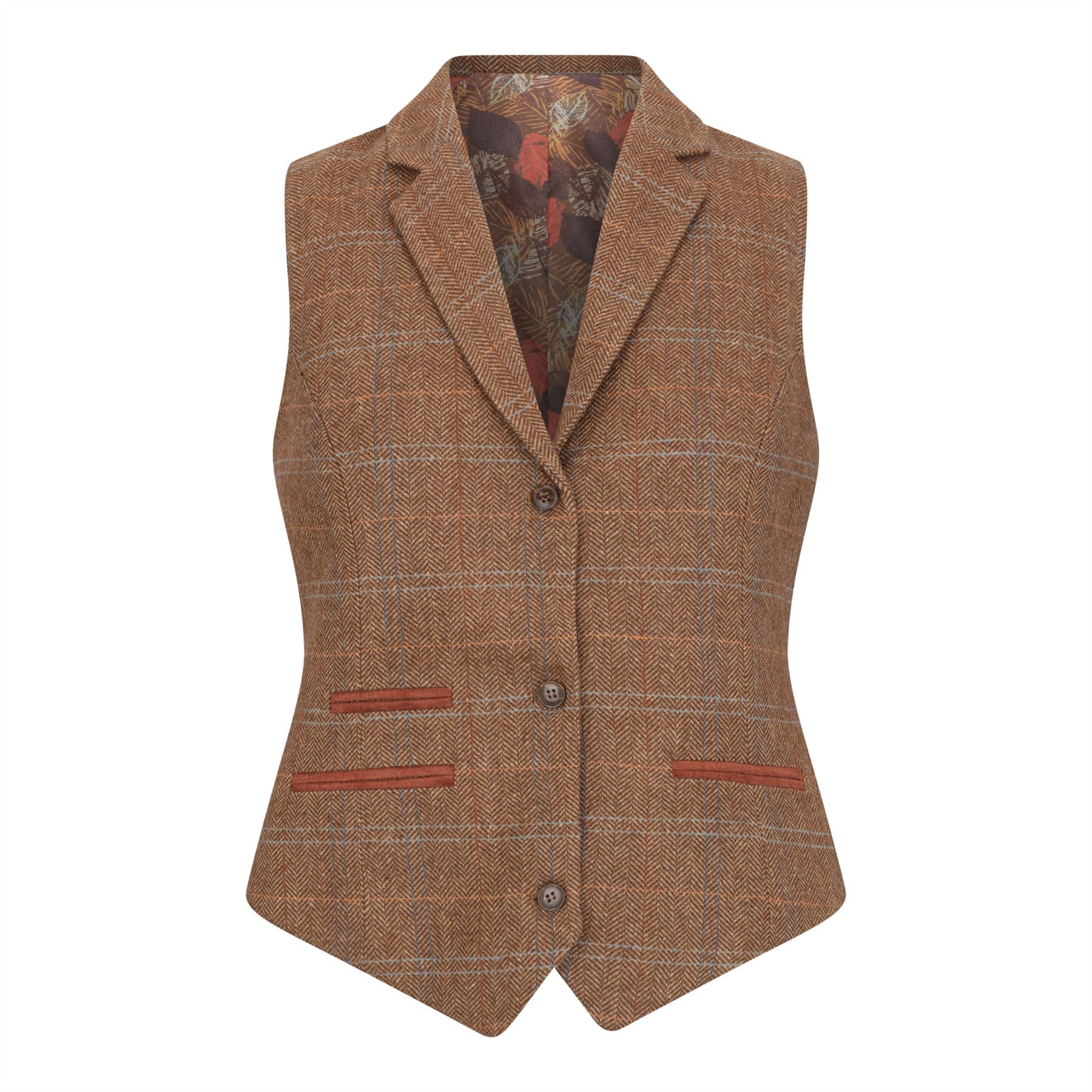 TruClothing Women's Oak Brown Wool Blend Tweed Herringbone Checkered Waistcoat - Oak 18