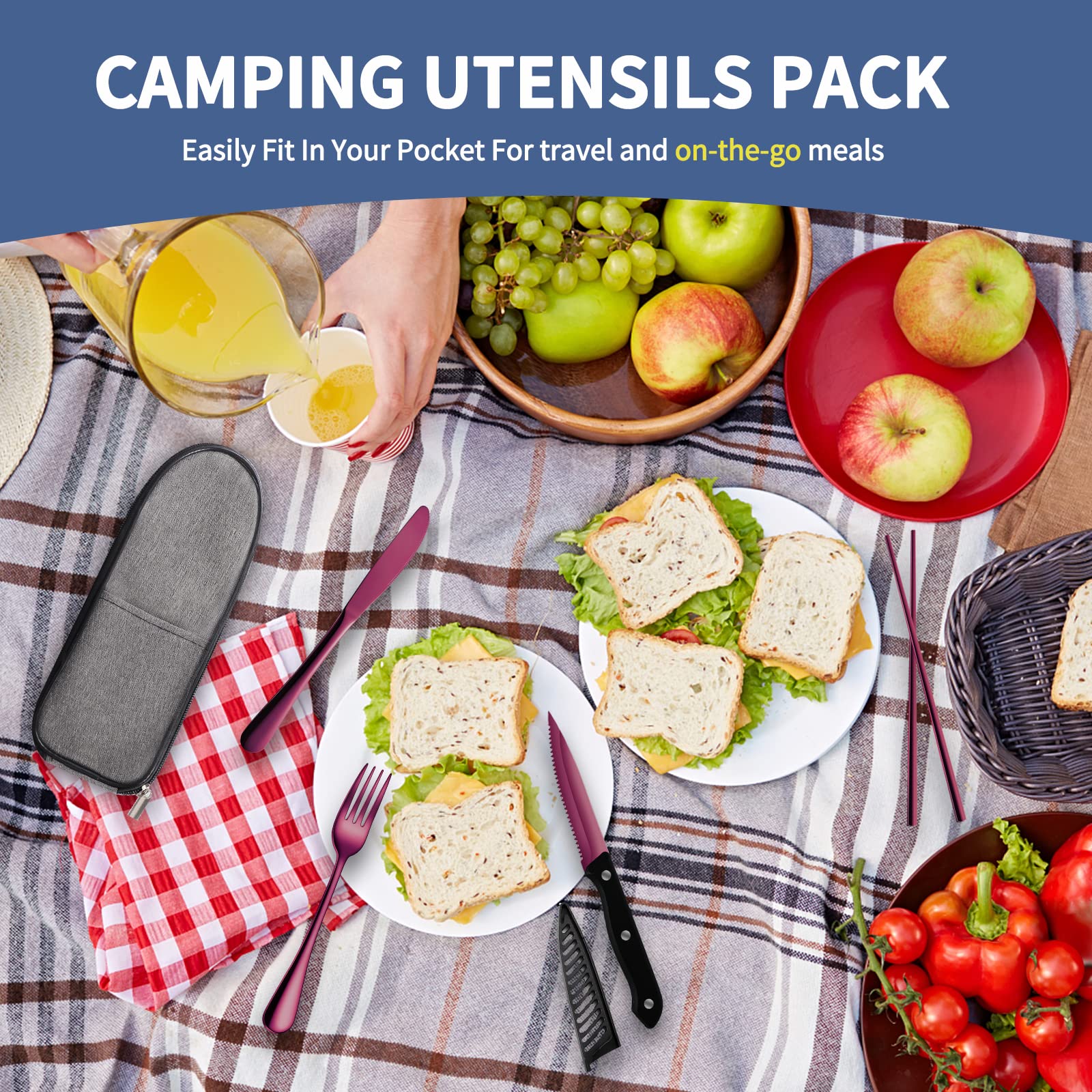 Logcow Juego de utensilios de viaje portátiles, utensilios reutilizables, juego de cubiertos de viaje y camping, juego de cubiertos de acero inoxidable con estuche, loncheras, lugar de trabajo,