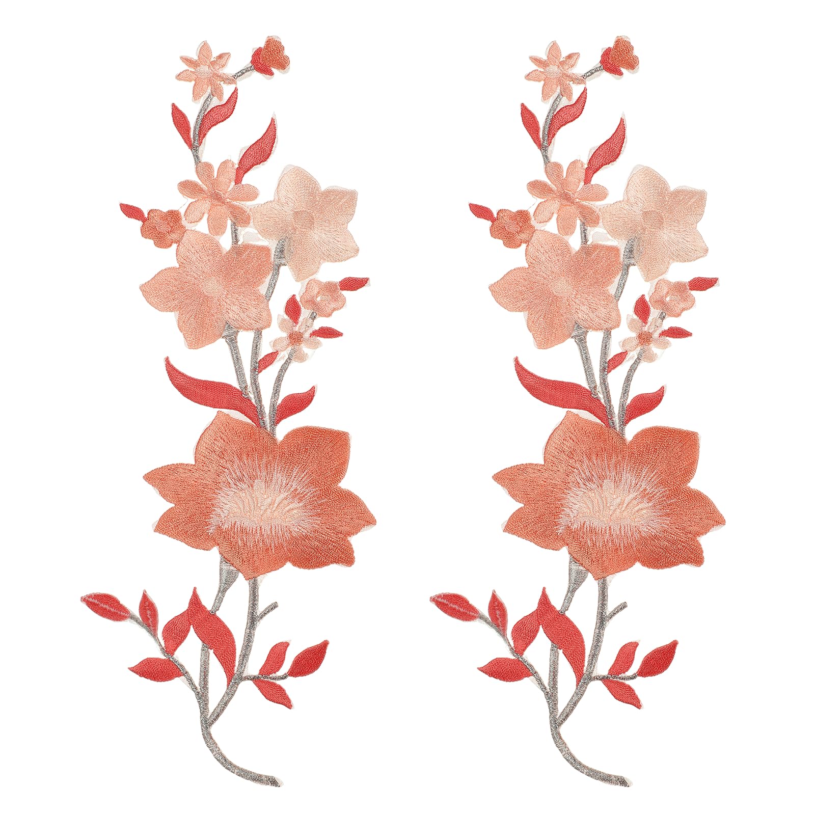 sourcing map 2Pcs Plum Iron on Appliques, 10in Plum Blossom Flower Applique Patch Flower Leaf Vines Iron on Sewing Embroidered Patches for Dress Clothes Down Jacket Jeans Bag, Orange