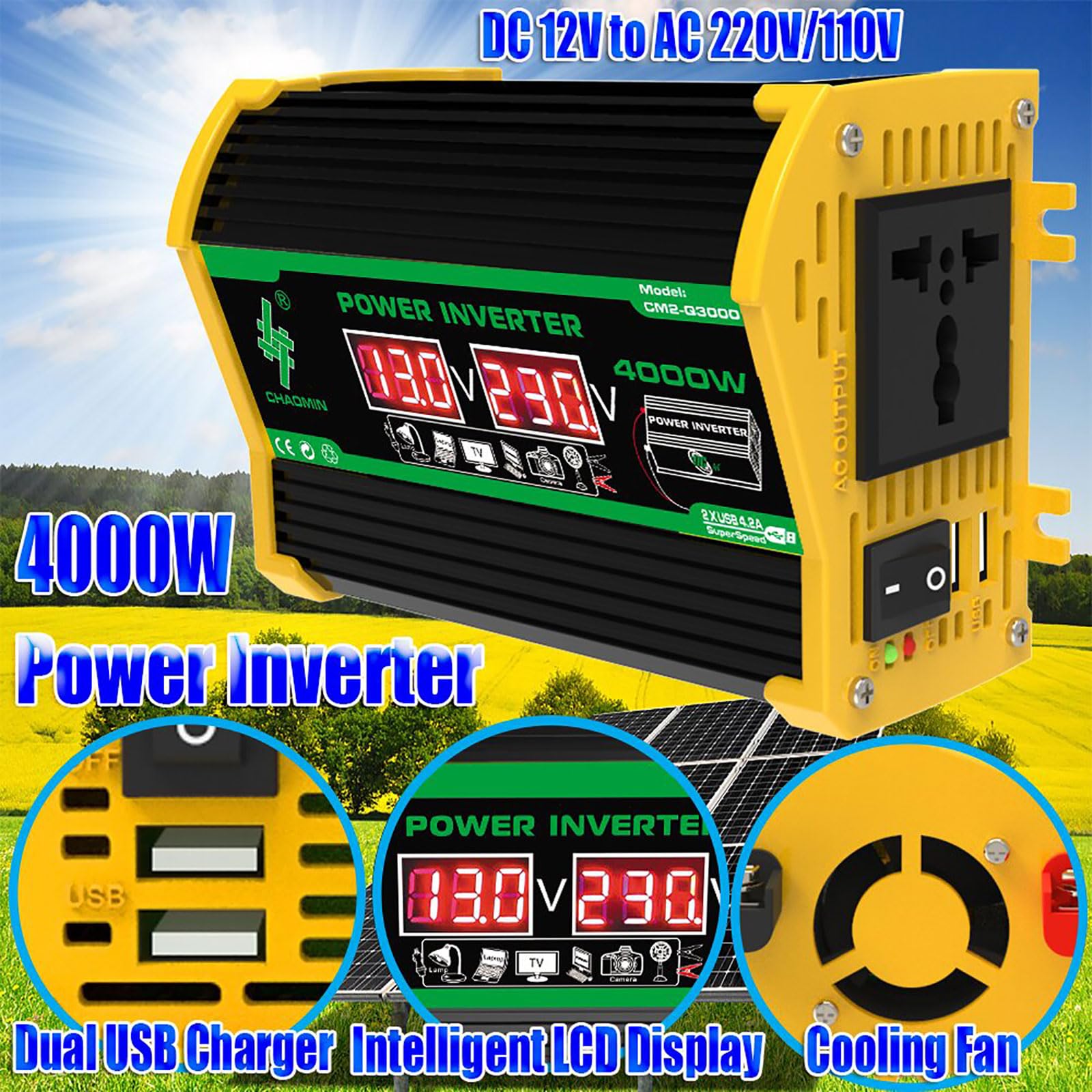 Solarmodul-Set, komplettes Solarmodul-Set, 50W wasserdichtes Solarmodul und 4000W Solarwechselrichter, 12V Solar 50A Laderegler mit 2 USB-Anschlüssen und LED-Anzeige für Zuhause, Wohnmobil, Boot, tr