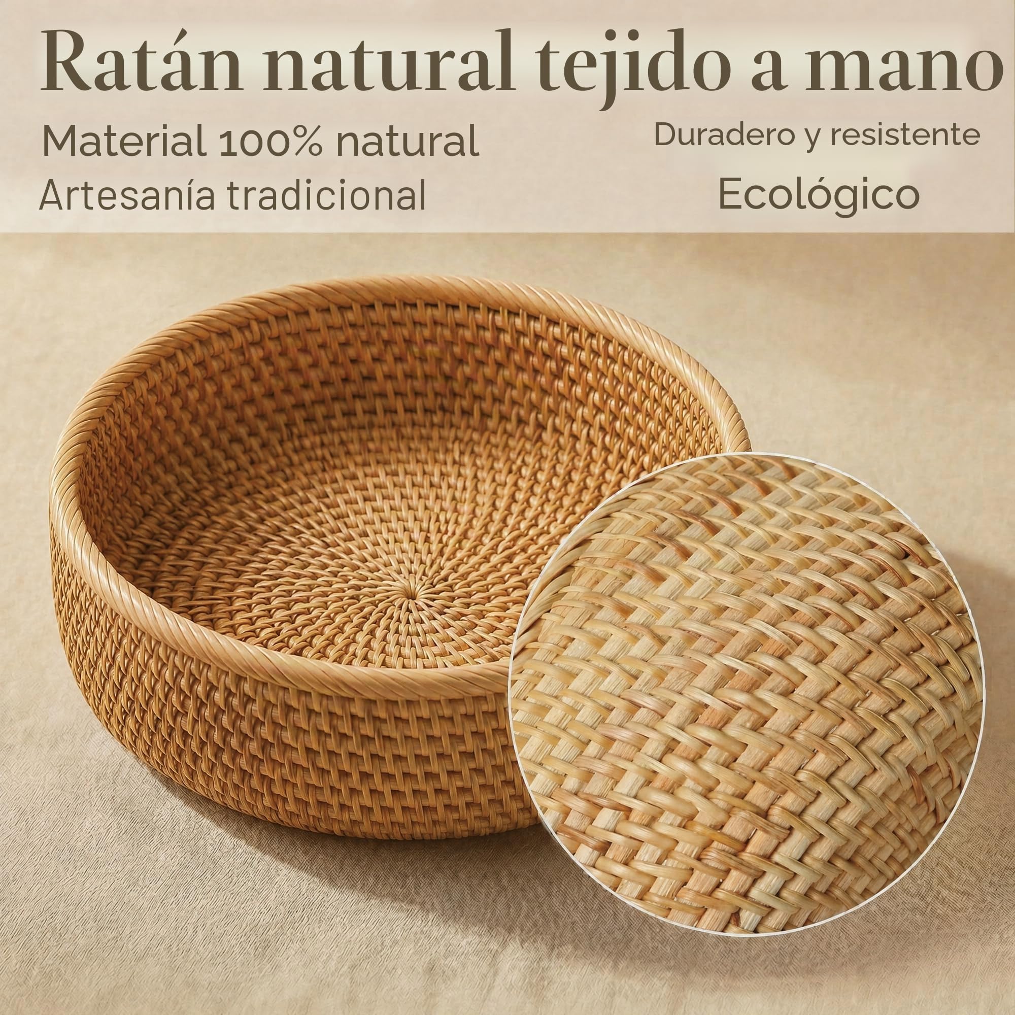 3 Piezas, Cestas de Almacenamiento Redondas de Ratán, Cestas de Mimbre Natural para Frutas, Organizador de Cestas Tejidas para Cocina/Comedor