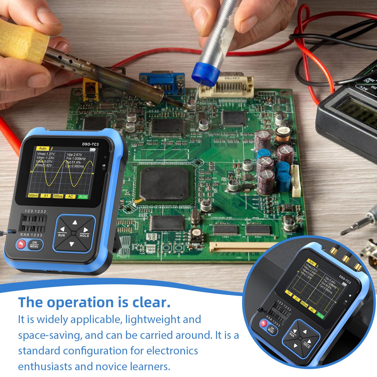 DSO-TC3 Oszilloskop, 3 in 1 Digitales Handoszilloskop Multimeter Tragbares Transistortester Oszilloskope Signalgenerator 500kHz Bandbreite, ESR-Tester LCR-Widerstands-Zähler mit 2.4'' Tft Display
