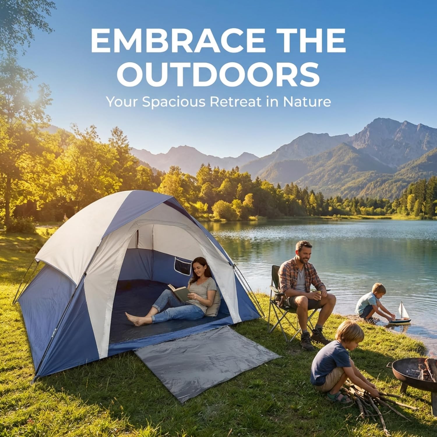 XL 4 Person Dome Camping Tent, Double Layer Waterproof, Removable Rain Fly, for Outdoor Hiking, Fishing