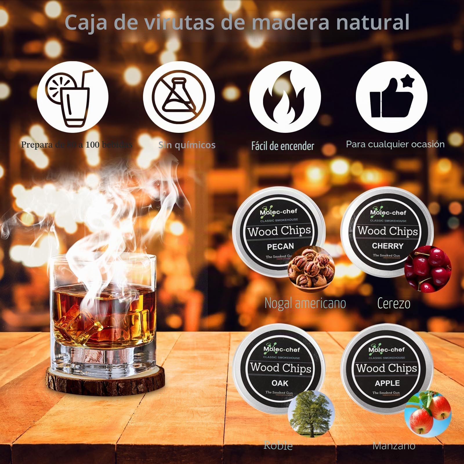Kit de Ahumador de Cóctel con Antorch, Kit para fumadores de Cócteles con 4 Sabores de Virutas de Madera, Accesorio para Ahumador Kit Coctelería para Regalo para el Jardín de Papá