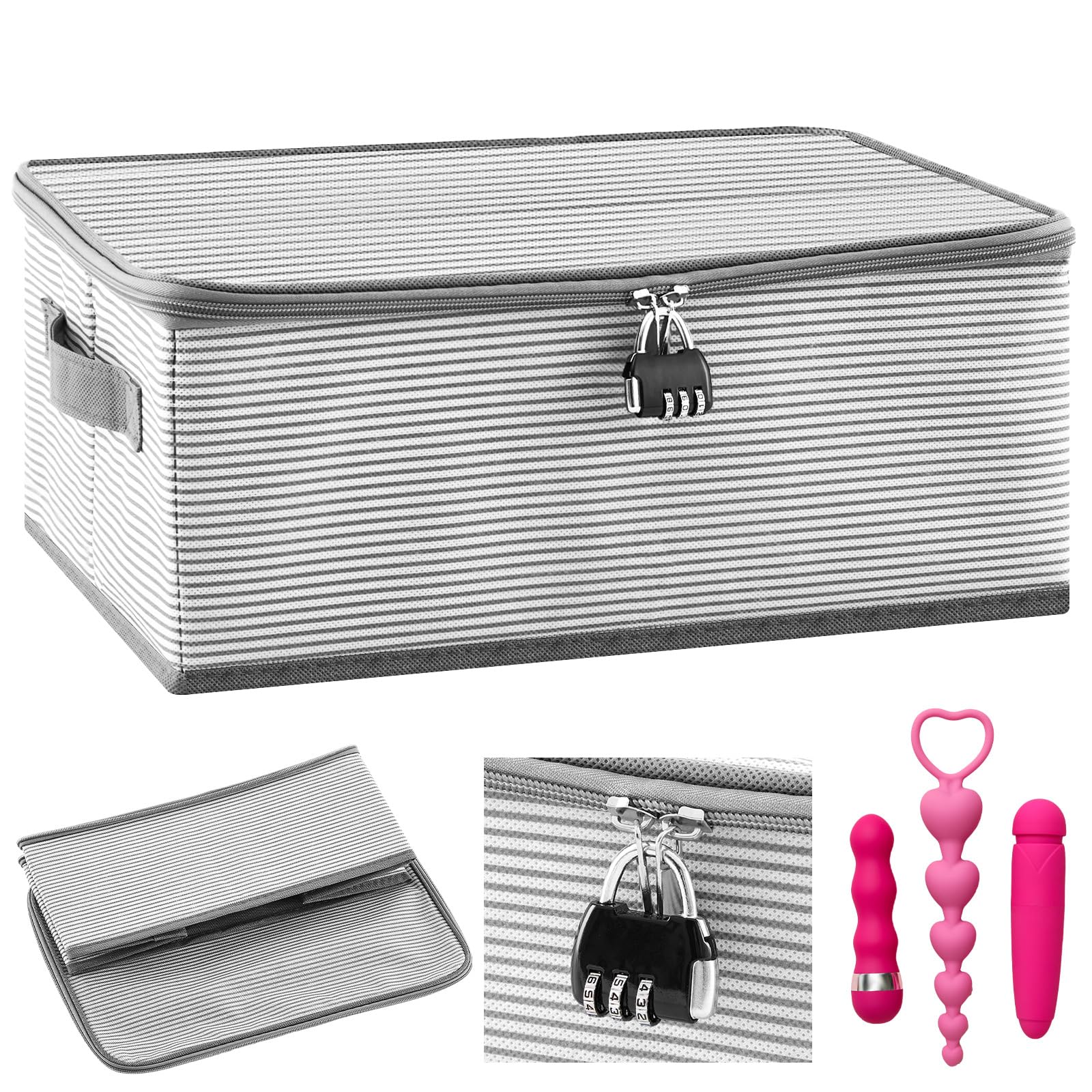 Briwooody Discreet Lockable Adult Toy Bag Storage Organizer Toy Bag Storage Bins with Zipper Lid 15 x 10 x 5.9 Inches Toy Storage Organizer Case for Women and Men Clothes Container(Gray Stripes)