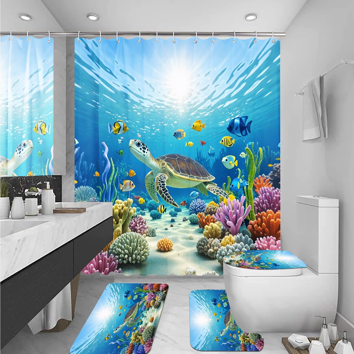 4PCS Sea Animal Shower Curtain Sets with Waterproof Shower Curtain, Non-Slip Bath Mat, Absorbent Rug, and Toilet Lid Cover, Sea Turtle Summer Home Bathroom Decor Set Independence Day, Easy to Maintain