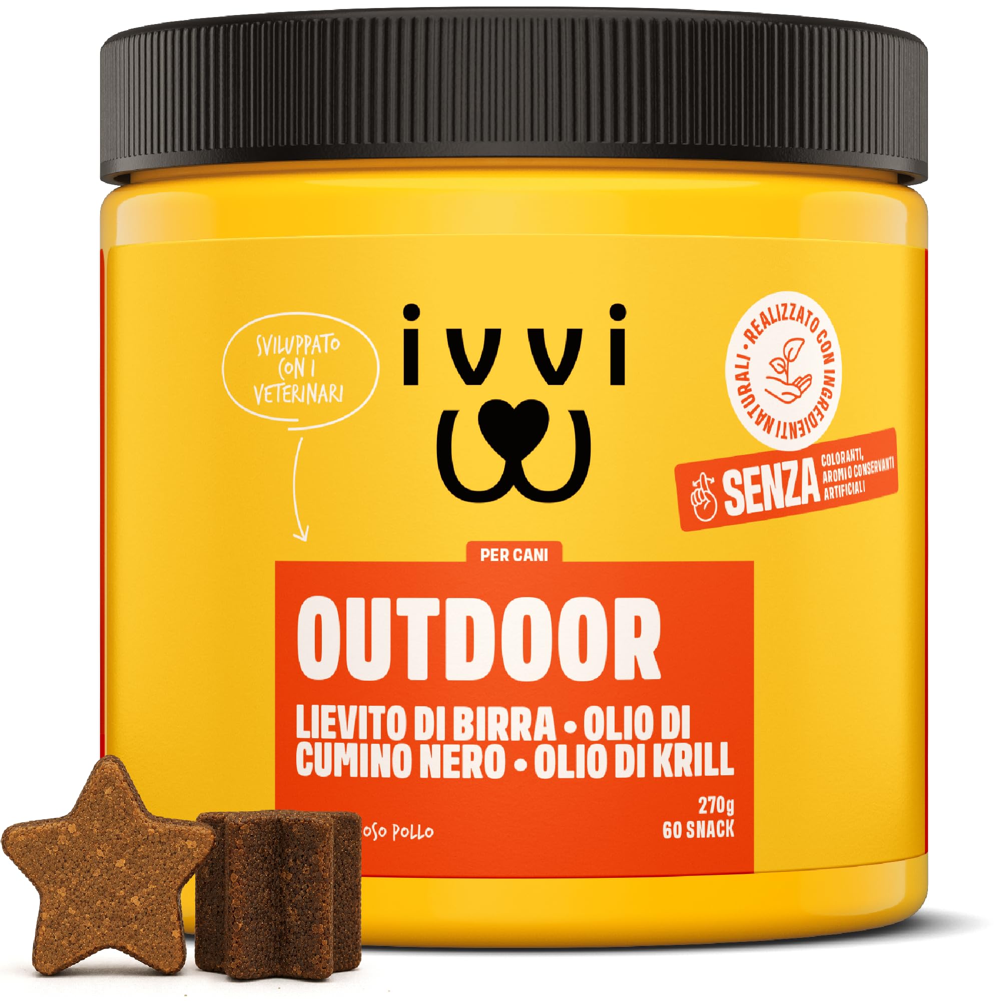 ivvi Outdoor per Cani – Snack Morbidi con Lievito di Birra, Olio di Cumino Nero, Olio di Krill e Cisto – Pelle, Pelo e Difese Naturali – 270 g, 60 Snack