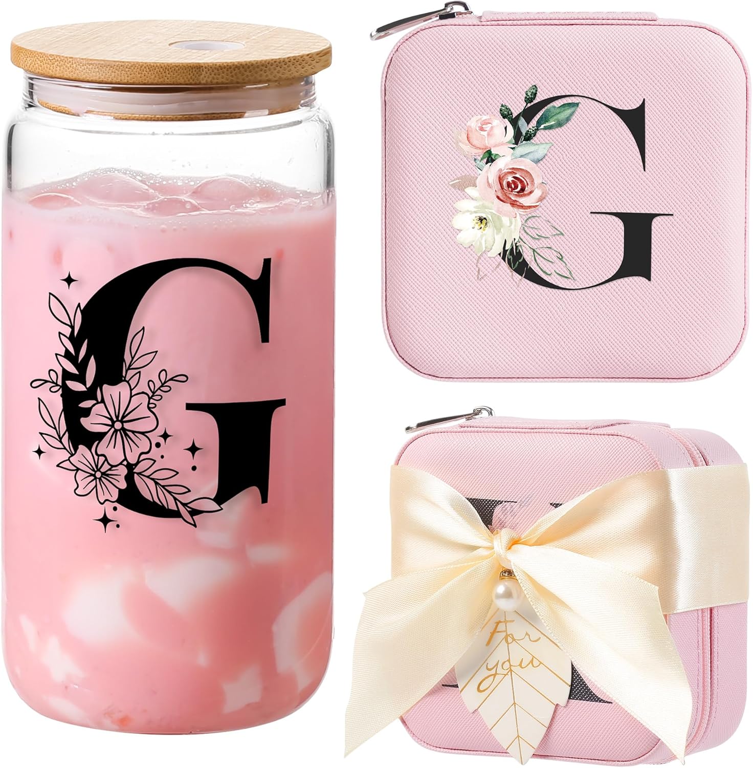 AYGXU Travel essential jewelry box,16oz Glass Cups with Bamboo Lids and Straws set,Personalized Jewelry Boxes for Women Girls,Travel Gifts for Women,Birthday Gifts for Girls,Initial G pink