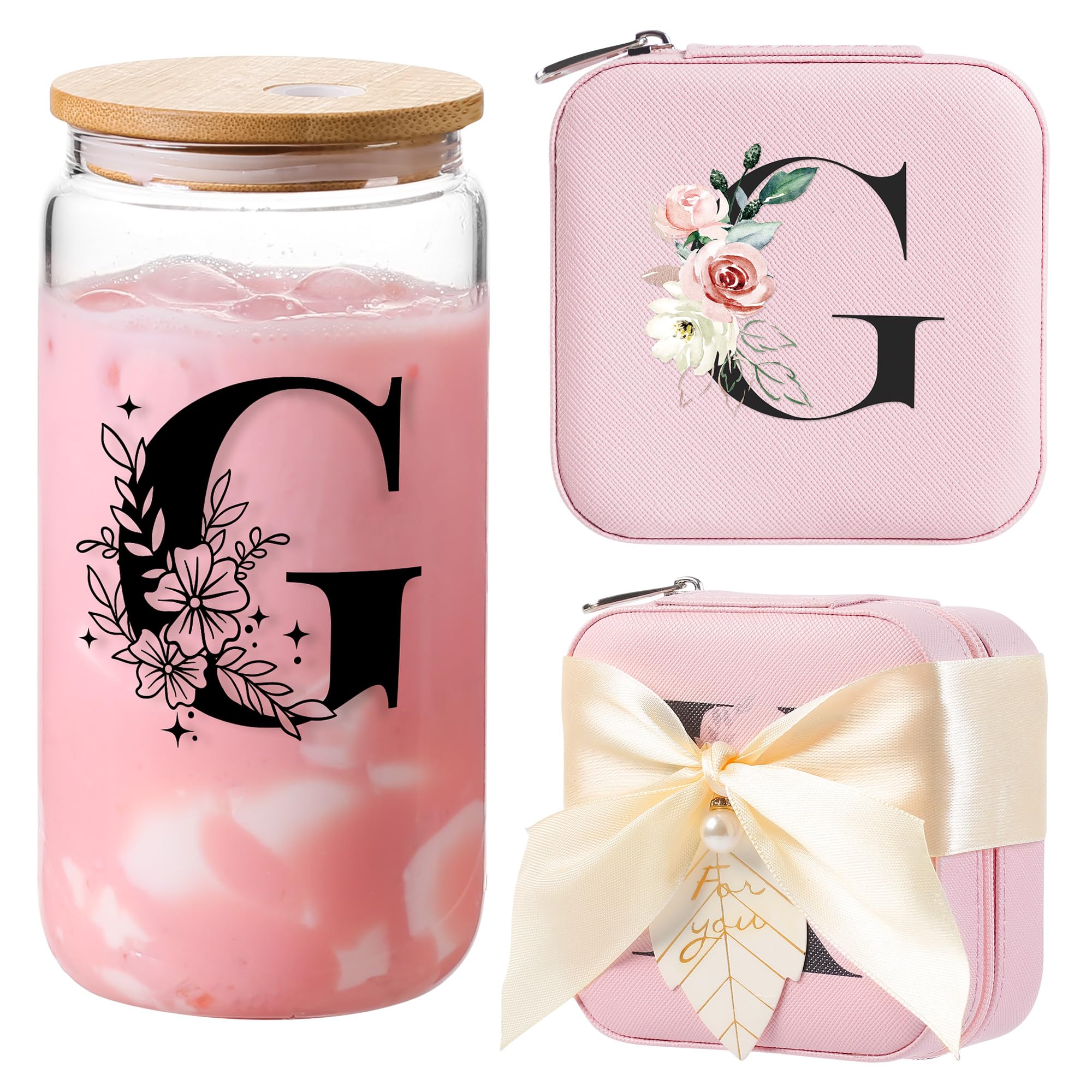 AYGXU Travel essential jewelry box,16oz Glass Cups with Bamboo Lids and Straws set,Personalized Jewelry Boxes for Women Girls,Travel Gifts for Women,Birthday Gifts for Girls,Initial G pink